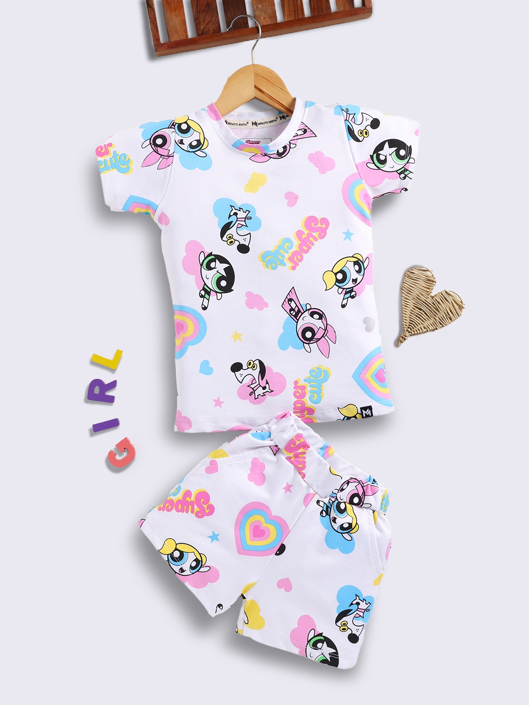 

YK X Minute Mirth Infants Girls Powerpuff Girls Printed Pure Cotton Top with Shorts, White