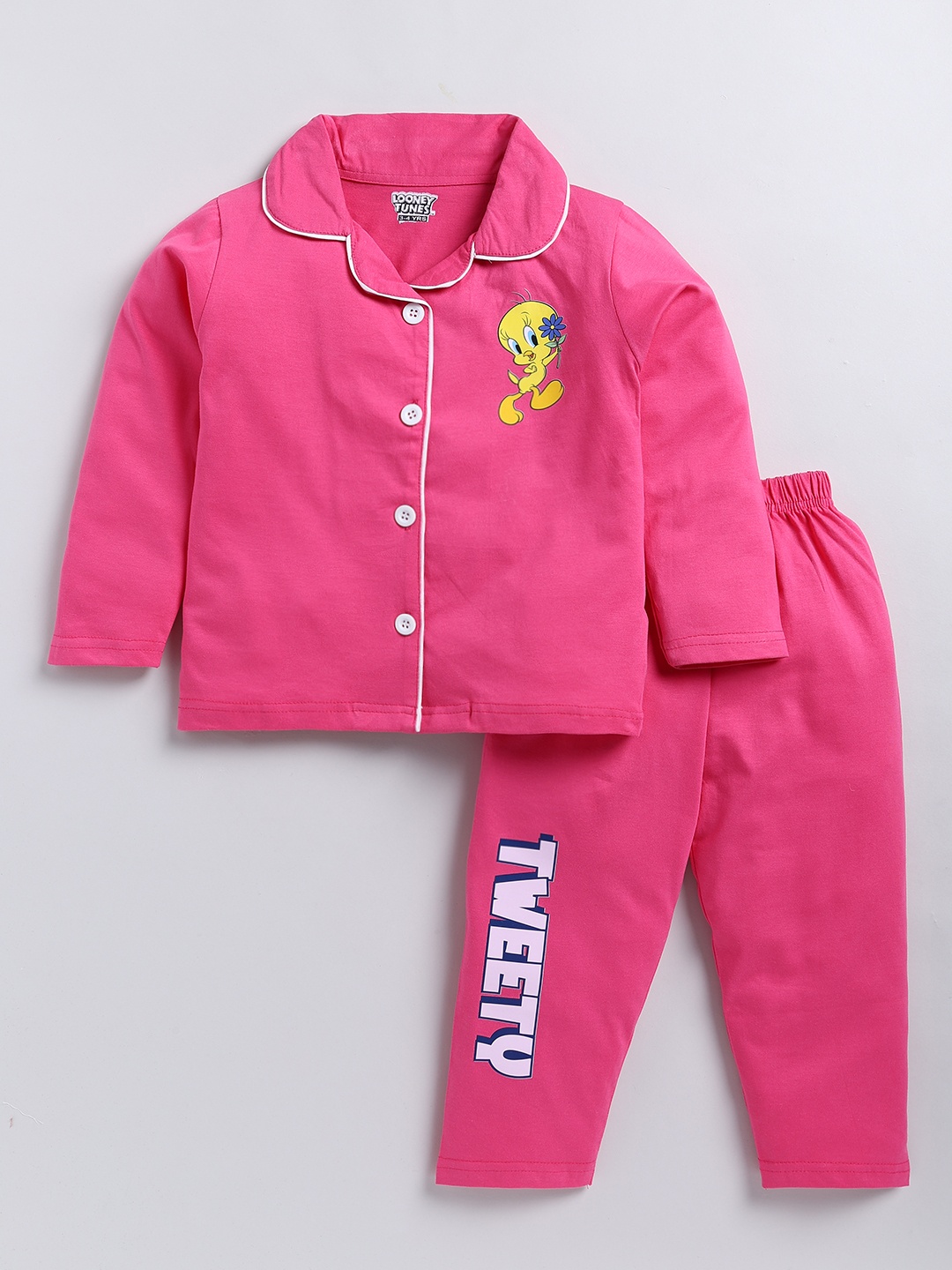 

Here&Now X Denikid Girls Tweety Printed Pure Cotton Shirt with Trousers, Pink