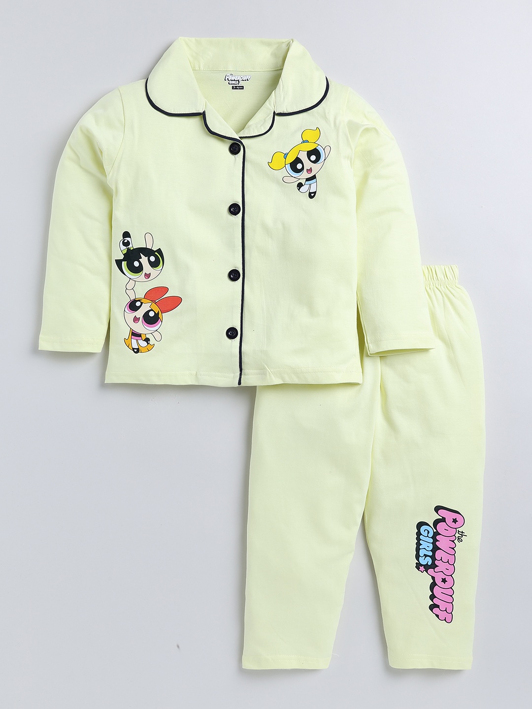 

Here&Now X Denikid Girls Powerpuff Girls Printed Pure Cotton Shirt with Trousers, Lime green