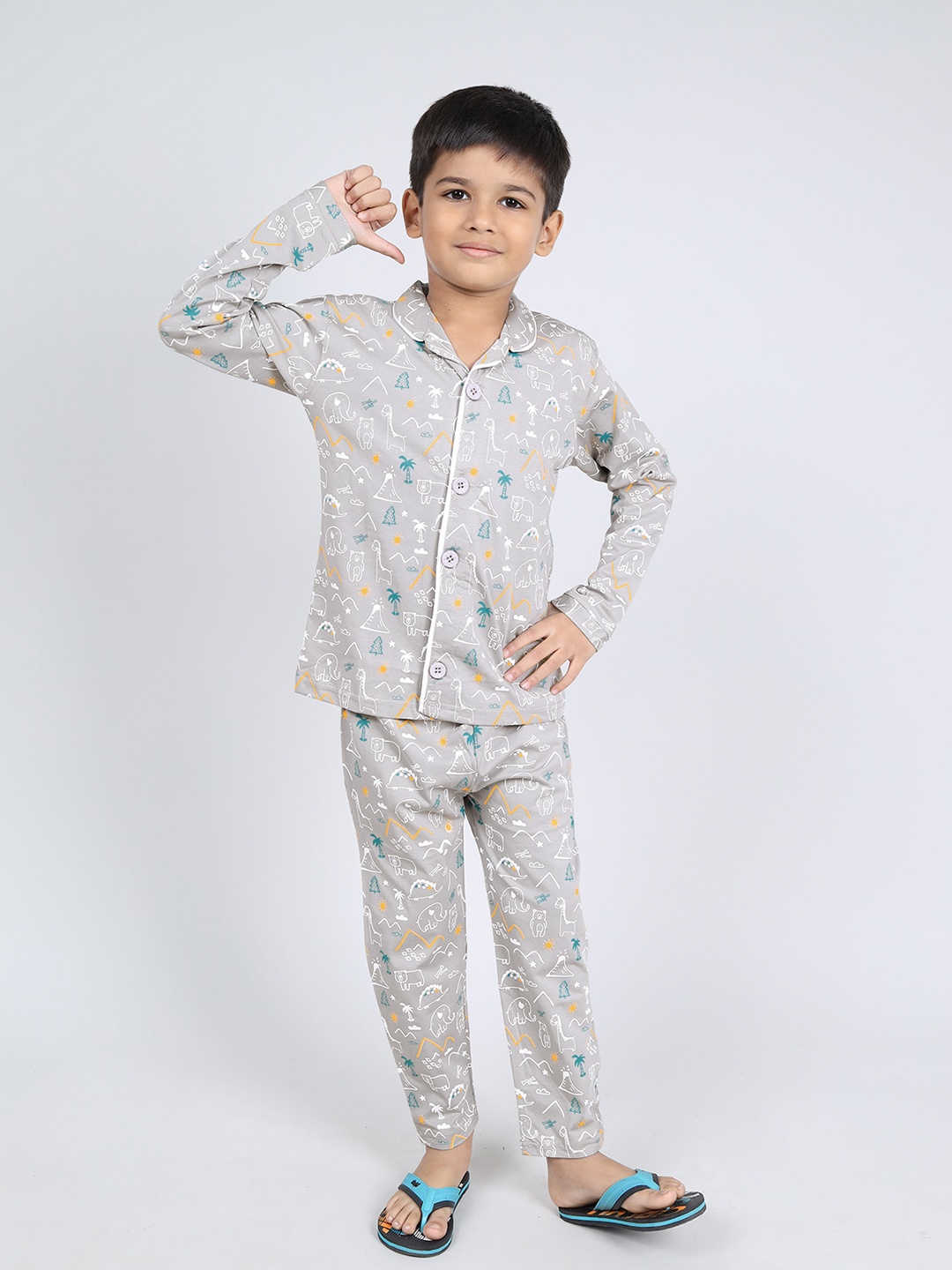 

Here&Now X Denikid Boys Printed Pure Cotton Night suit, Grey