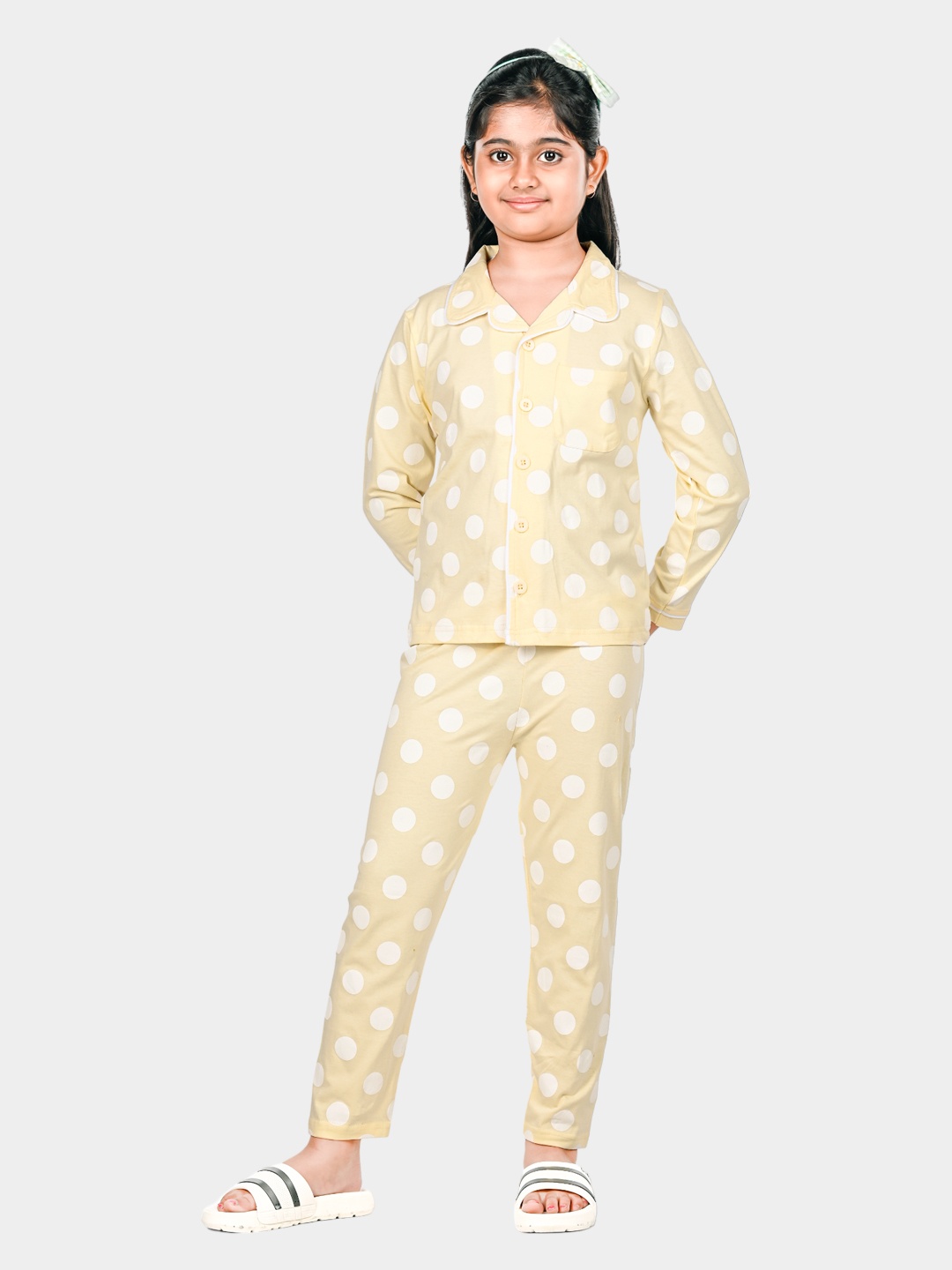 

Here&Now X Denikid Girls Polka Dots Printed Pure Cotton Night suit, Yellow
