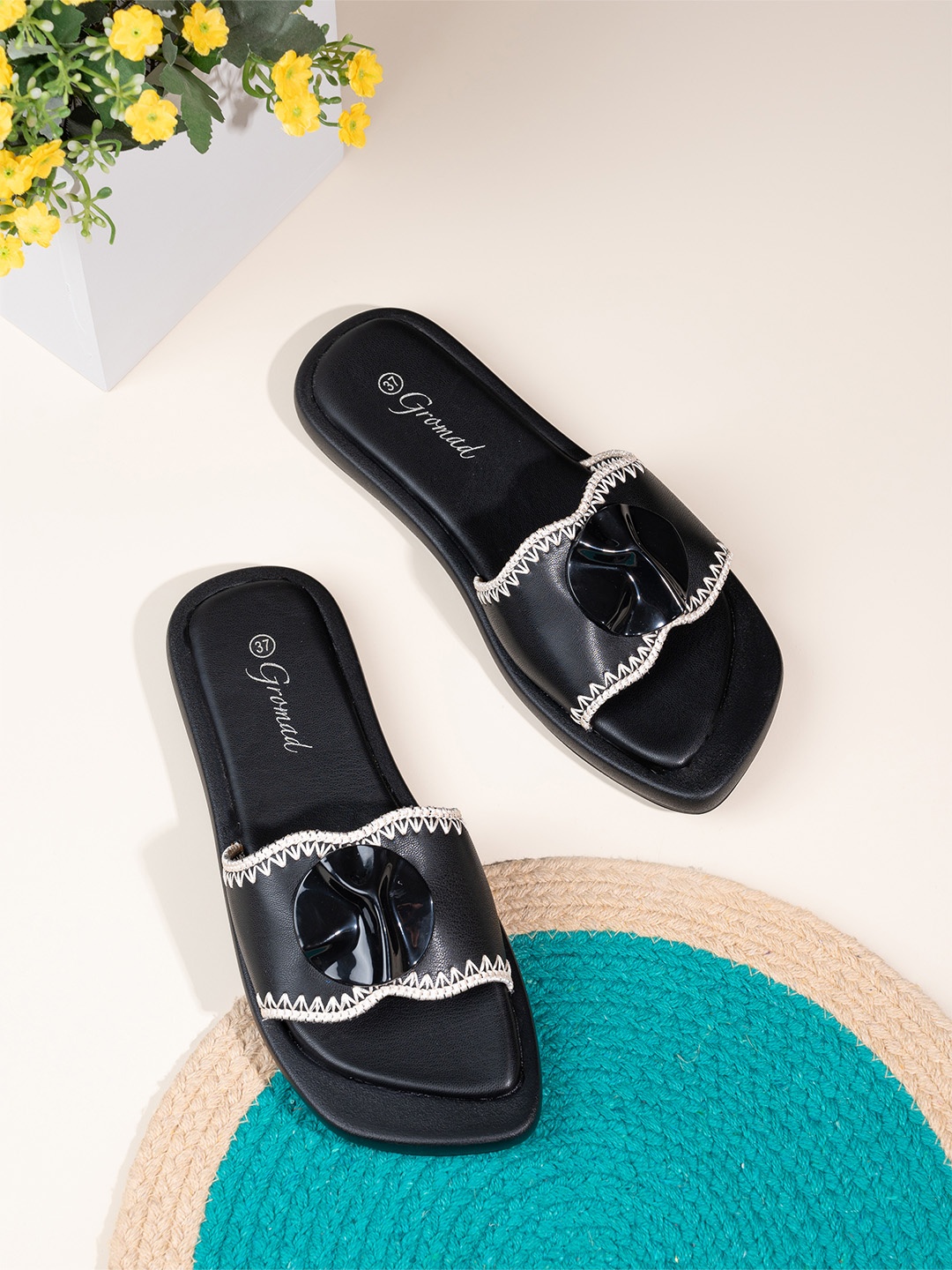 

BRISKERS Gromad Ocean Breeze Textured Open Toe Flats, Black