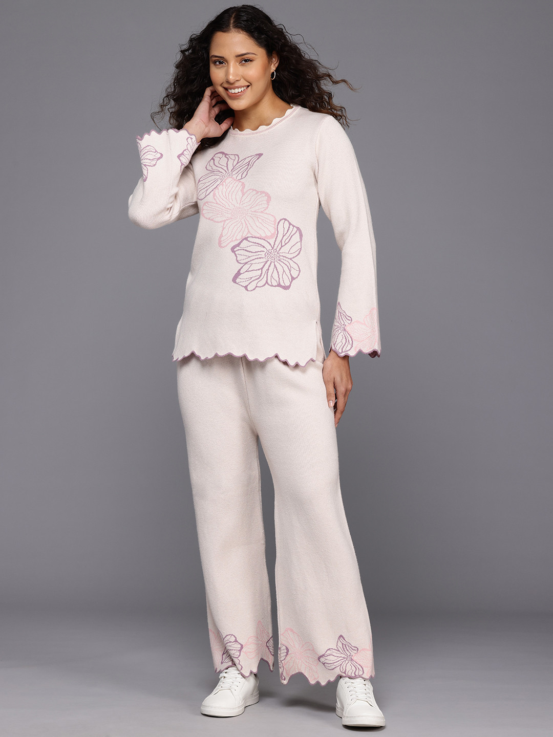 

BROOWL Floral Printed Woollen Co-Ords, Off white