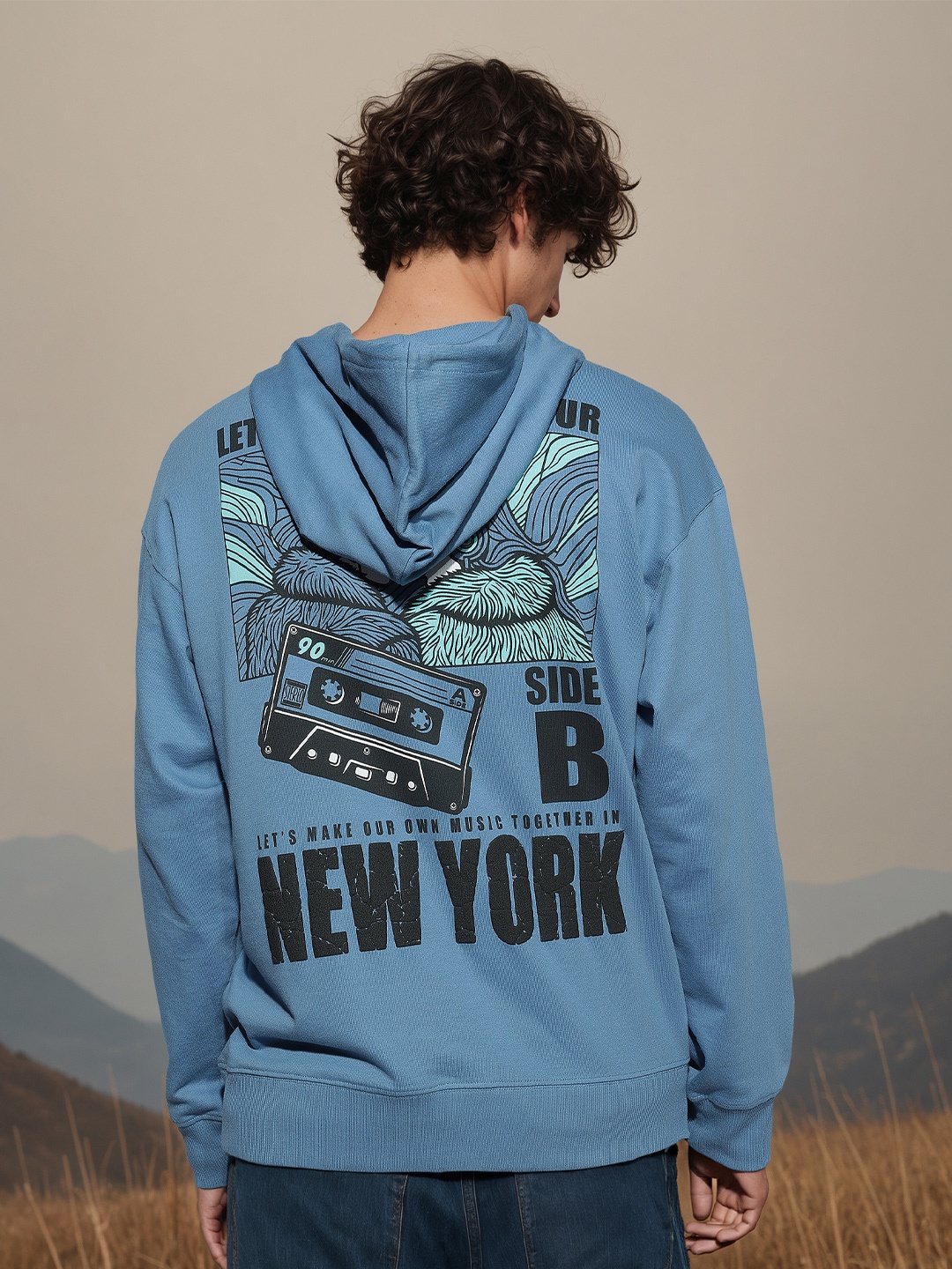 H&M Men Printed Cotton Relaxed-Fit Hoodie, Blue