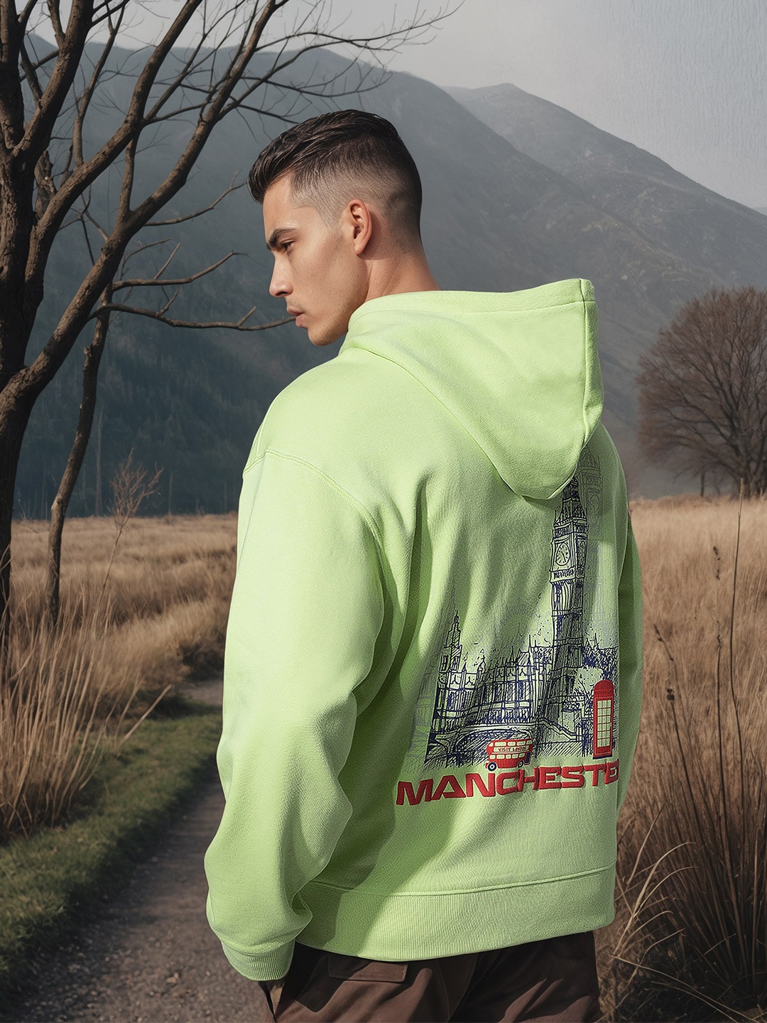

H&M Men Relaxed Fit Printed Hoodie Sweatshirt, Lime green