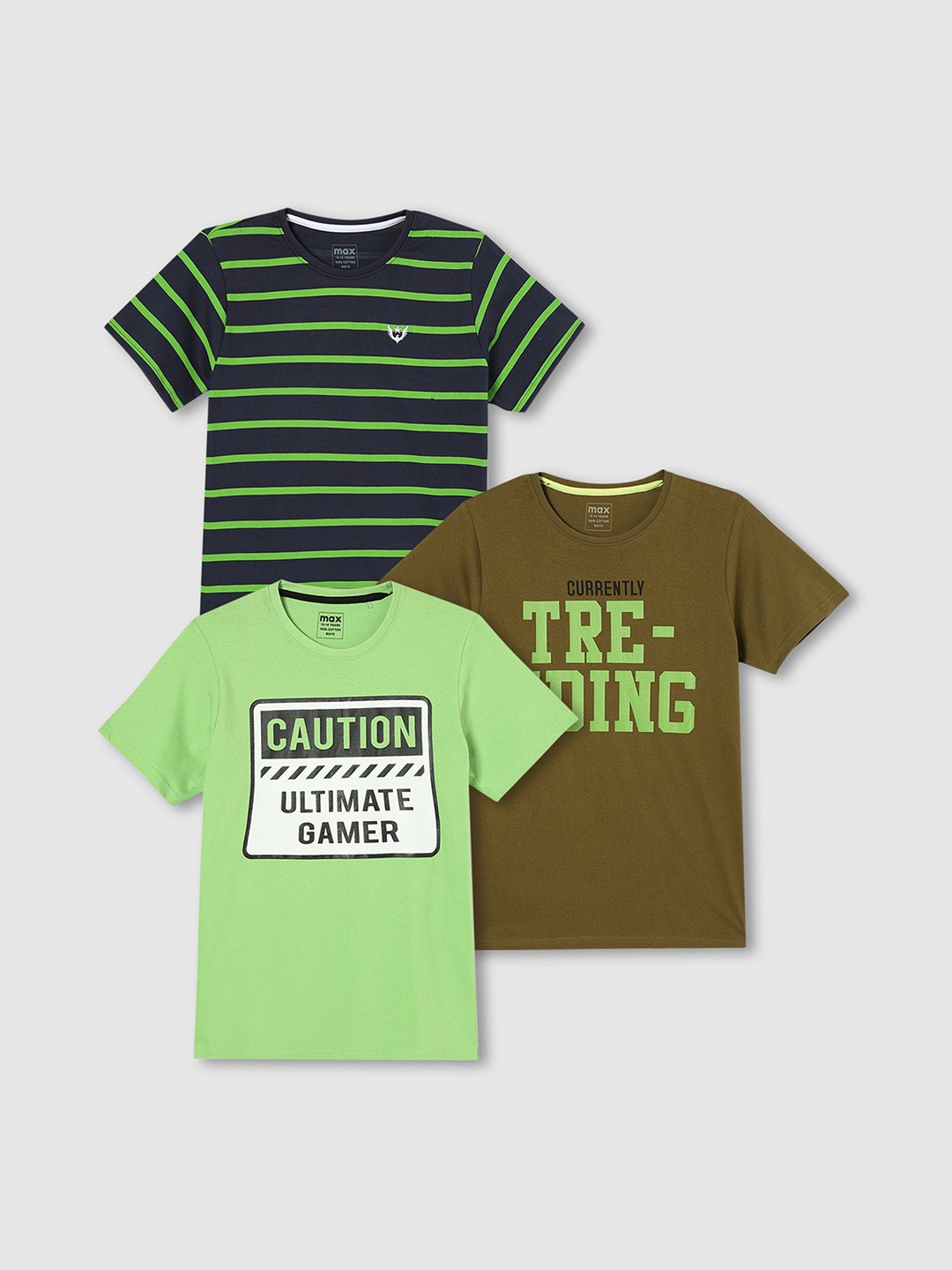 

max Boys Pack Of 3 Typography Printed Round Neck Cotton T-shirts, Green