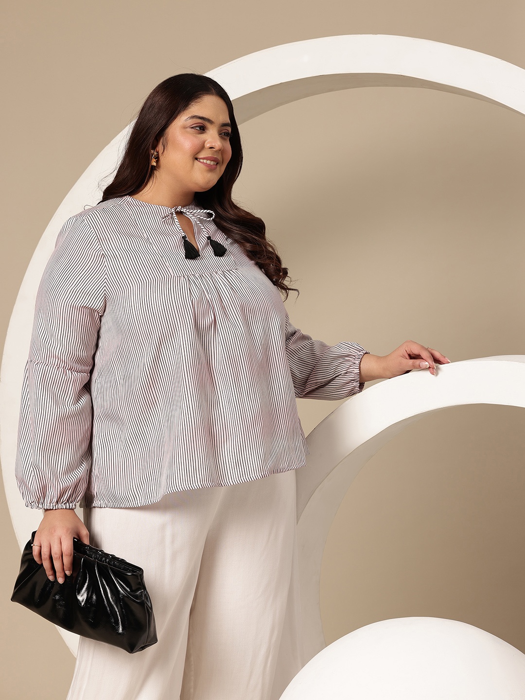 

Sztori Plus Size Vertically Striped Gathered Detail Tie-Up Neck A-Line Top, White