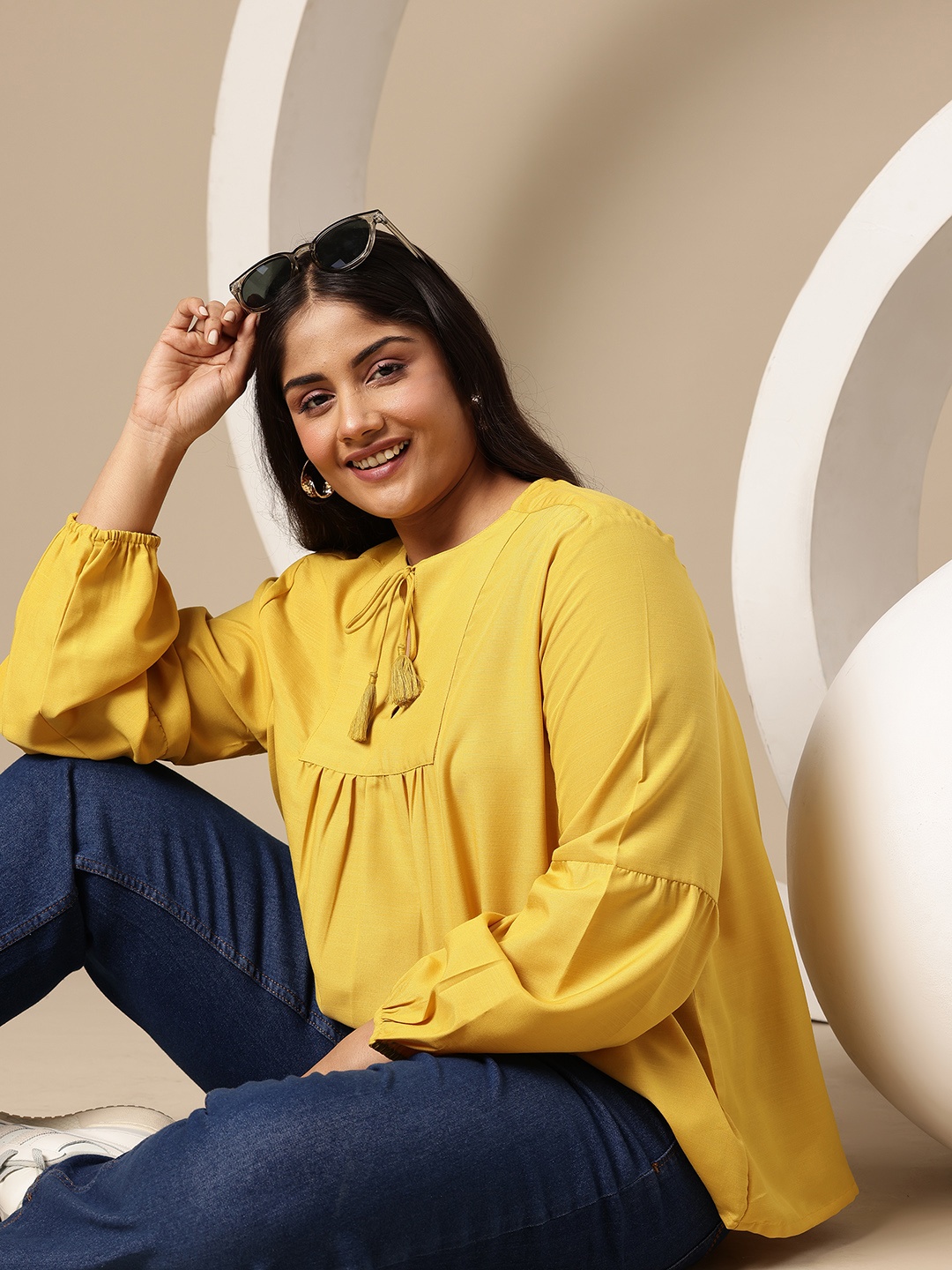 

Sztori Plus Size Gathered Detail Tie-Up Neck A-Line Top, Yellow