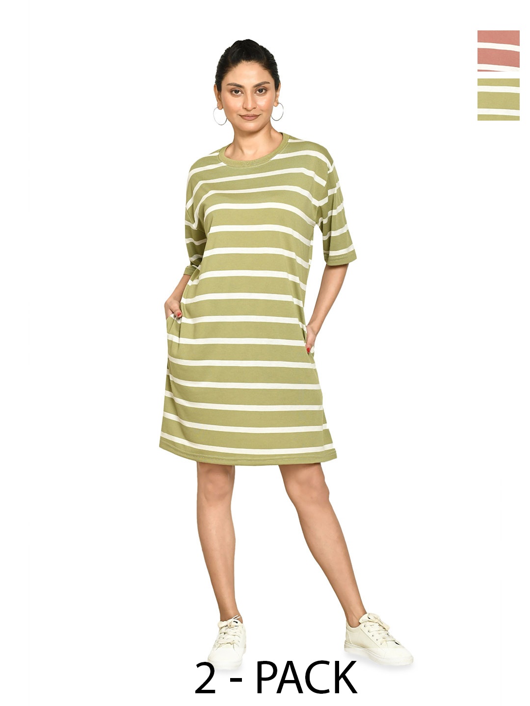 

RAPL Women Pack Of 2 Striped T-shirt Dress, Green