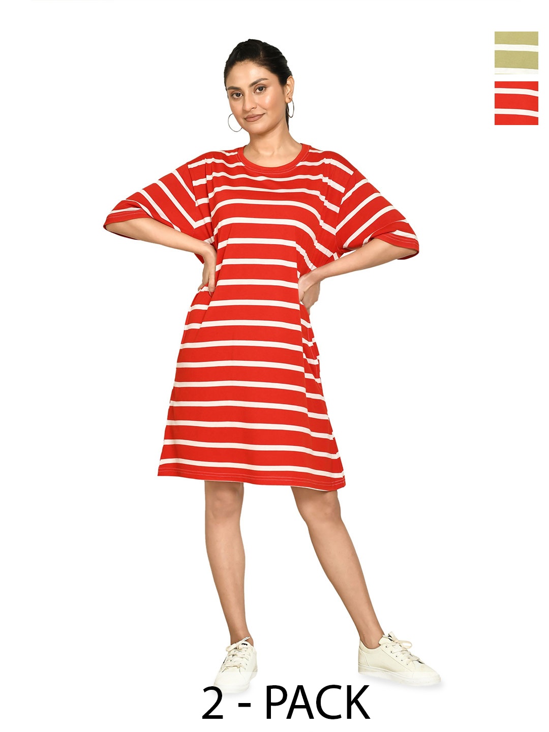 

RAPL Women Pack Of 2 Striped T-shirt Dress, Olive