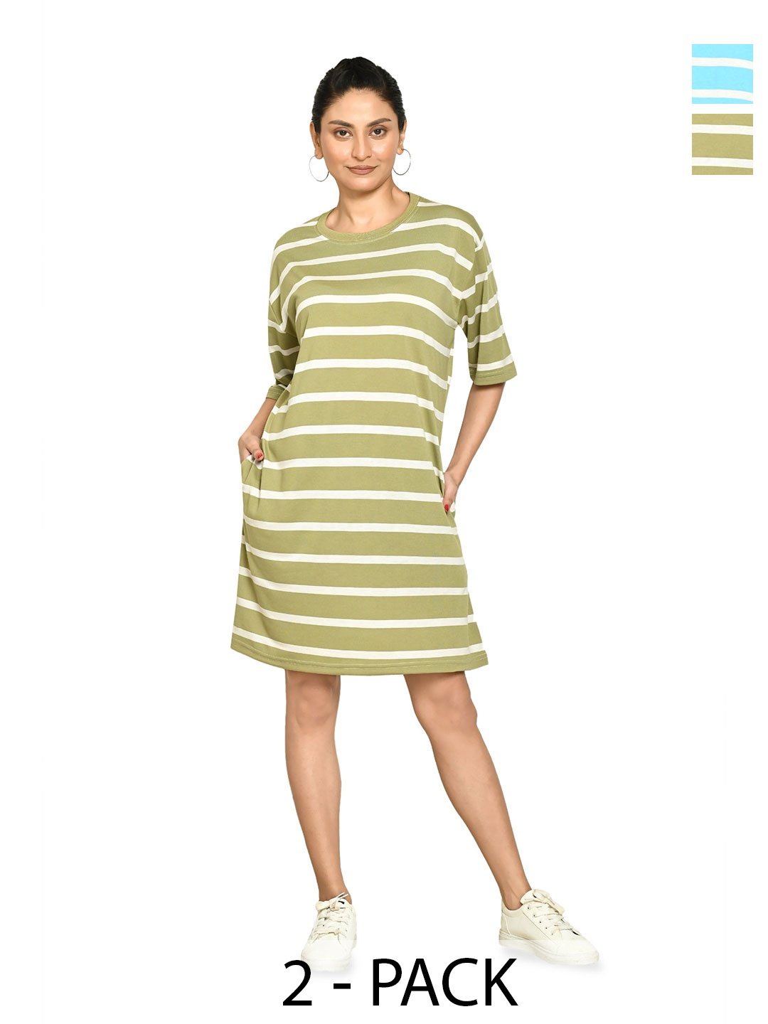 

RAPL Pack Of 2 Striped Cotton T-Shirt Nightdress, Olive
