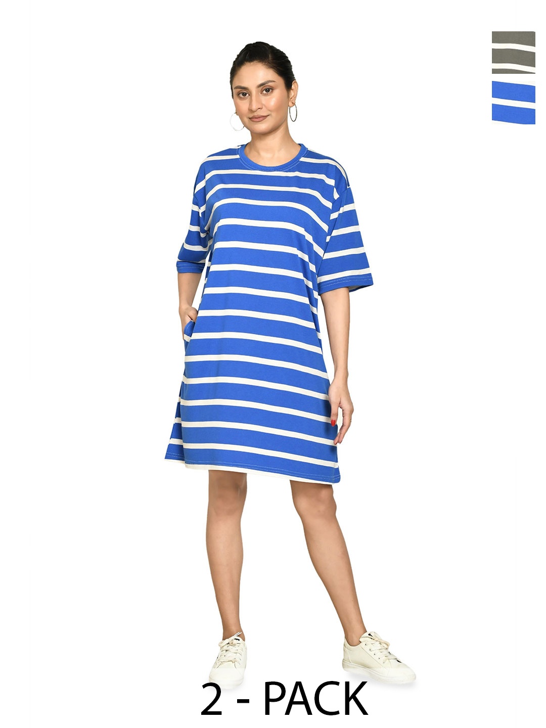 

RAPL Pack Of 2 Striped Round Neck Short Sleeves T-shirt Dress, Navy blue