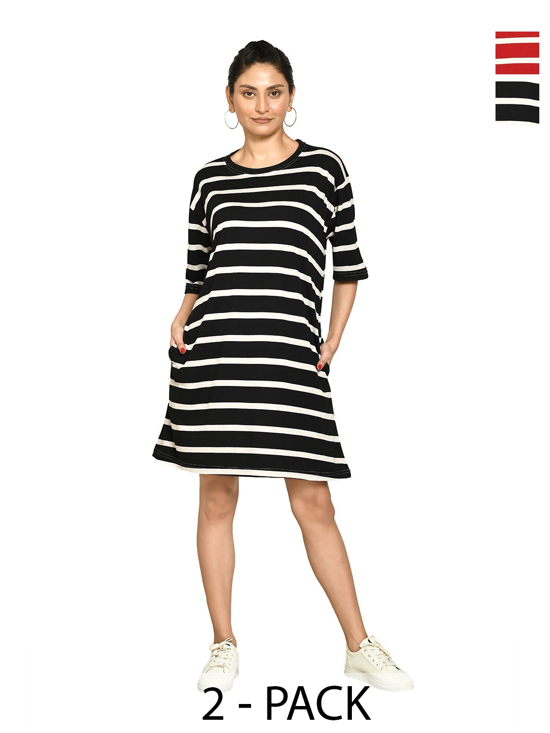 

RAPL Pack Of 2 Striped Round Neck Short Sleeves T-shirt Dress, Black