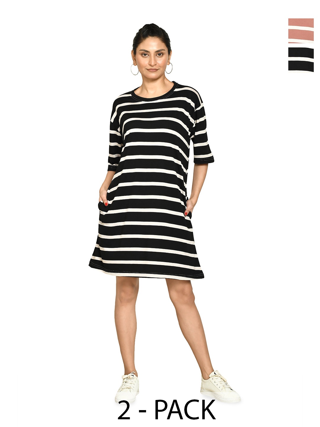 

RAPL Women Pack Of 2 Striped T-shirt Dress, Mauve