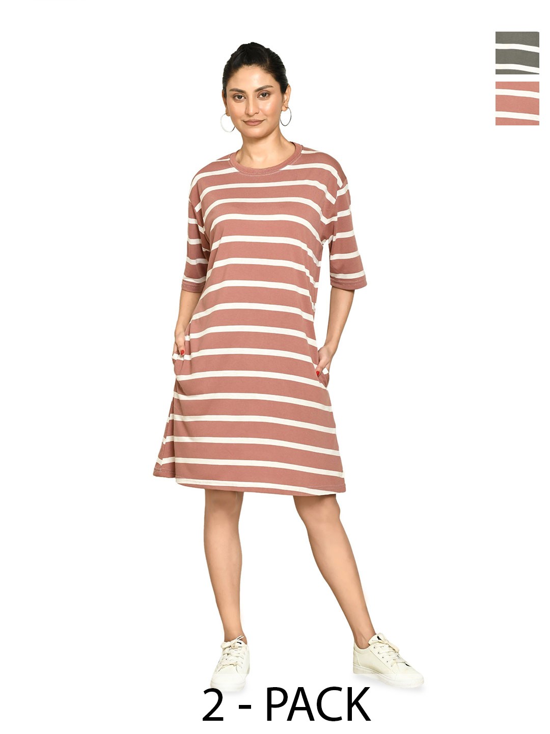 

RAPL Women Pack Of 2 Striped T-shirt Dress, Grey