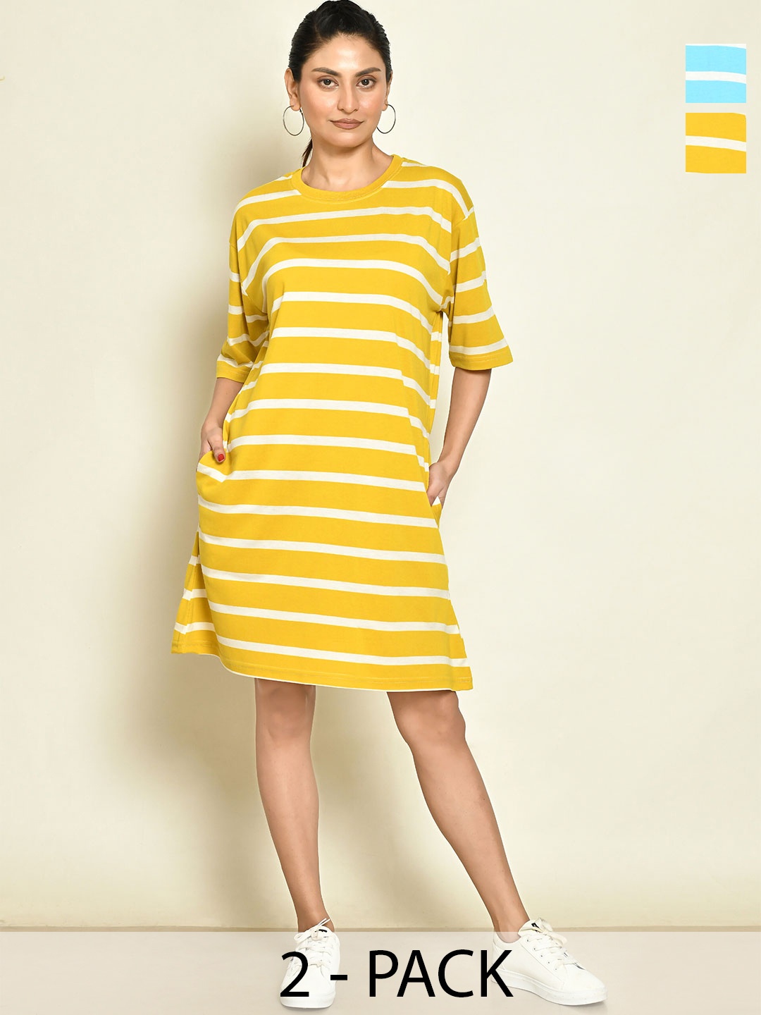 

RAPL Pack Of 2 Striped Round Neck Short Sleeves T-shirt Dress, Yellow