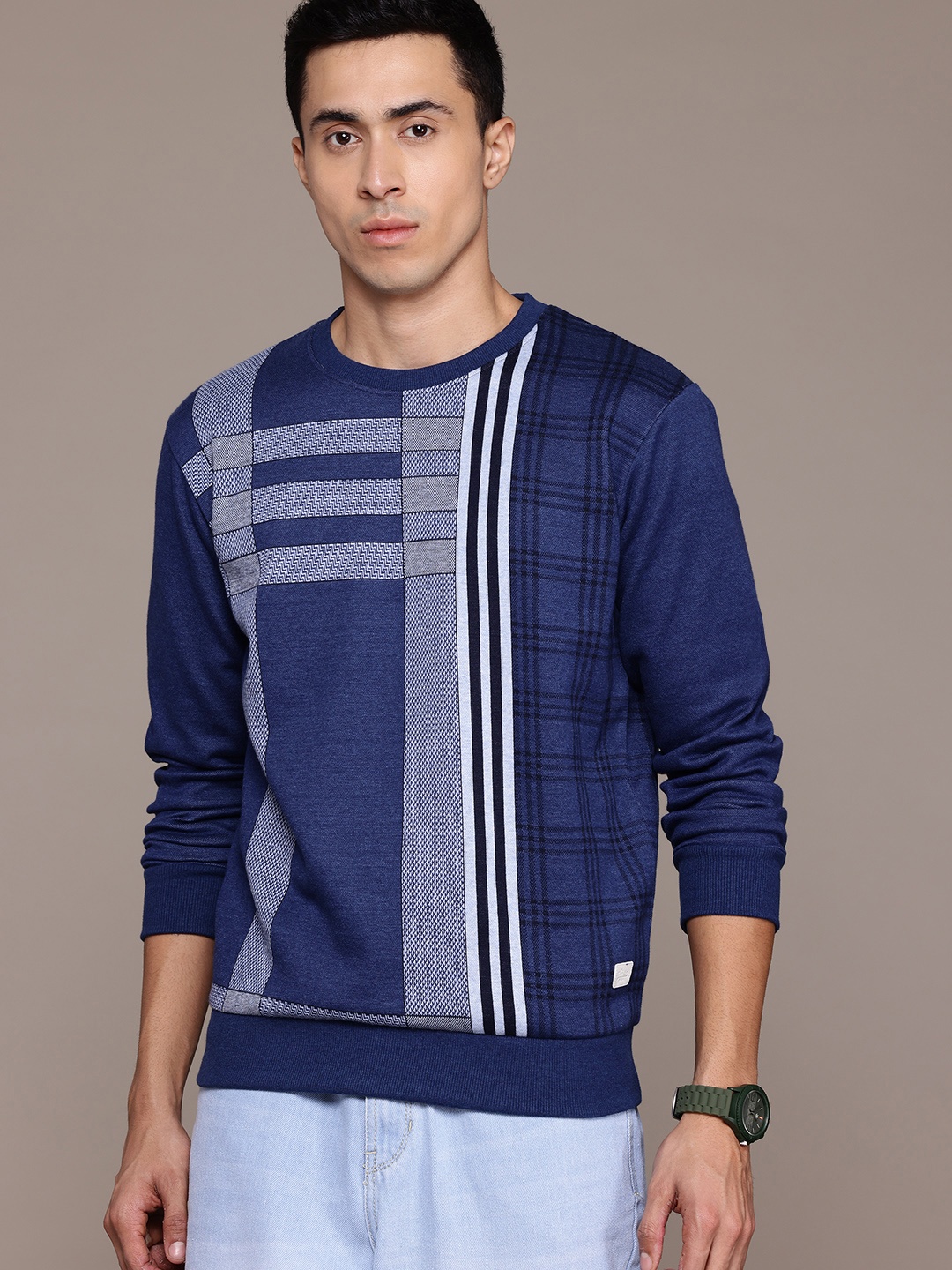 

The Roadster Lifestyle Co. Men Checked Pullover, Navy blue