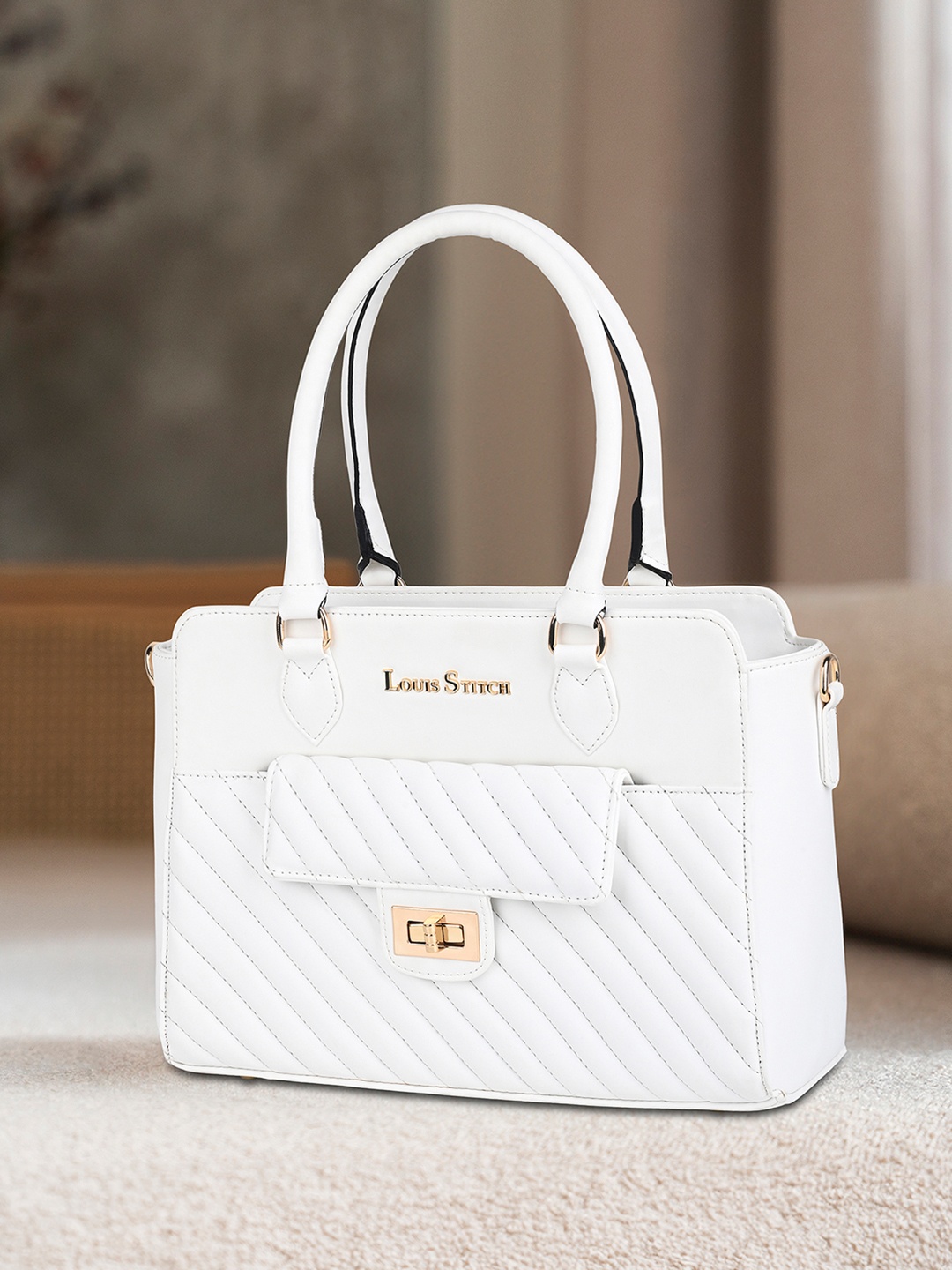 

LOUIS STITCH PU Structured Shoulder Bag with Quilted, White