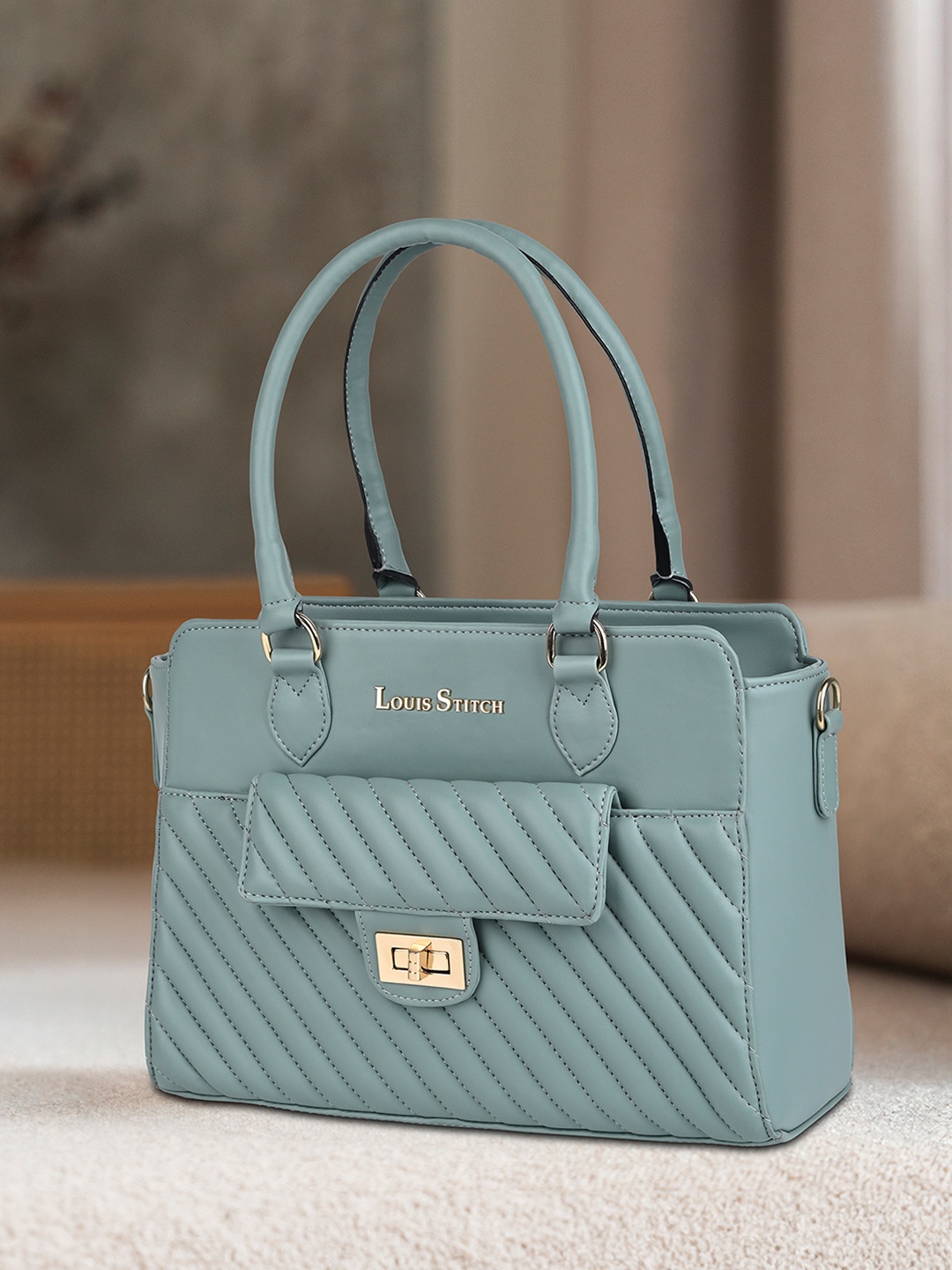 

LOUIS STITCH PU Structured Shoulder Bag with Quilted, Green