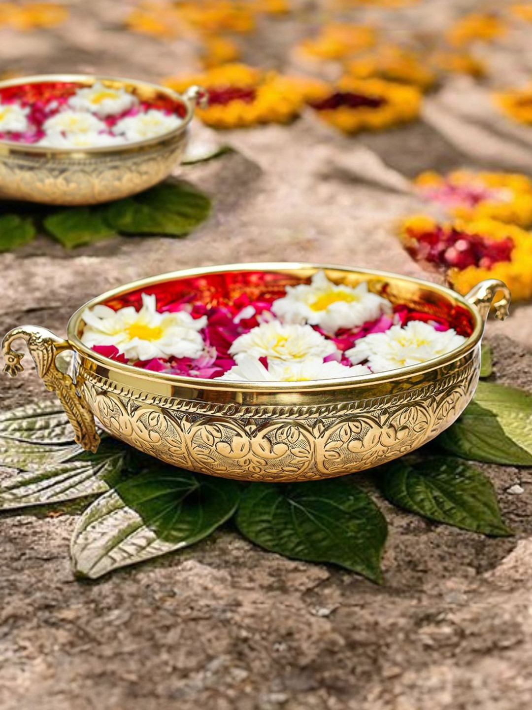 

BEHOMA Golden Peacock Design Brass Decorative Urli Bowl, Gold