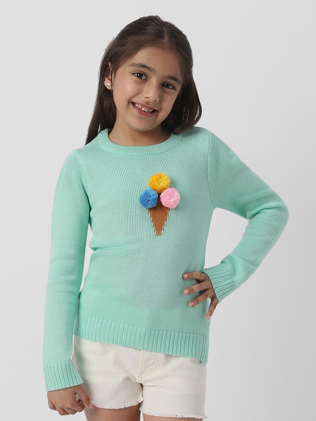 

Nauti Nati Girls' Green Cream Design Warm Sweater With Pom-Pom Detailing
