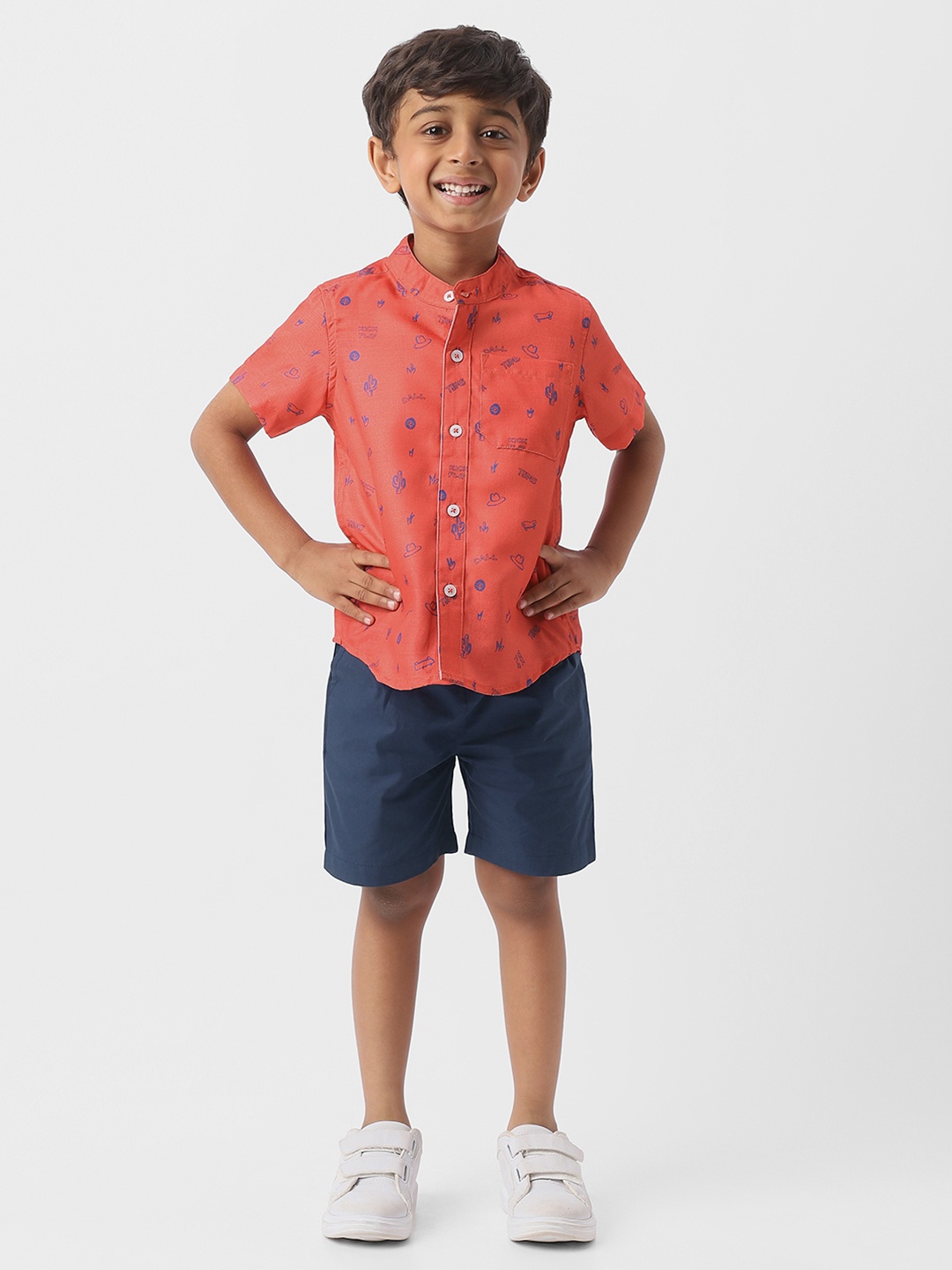 

Nauti Nati Boys Graphic Print Linen Half Sleeve Shirt with Cotton Shorts, Orange