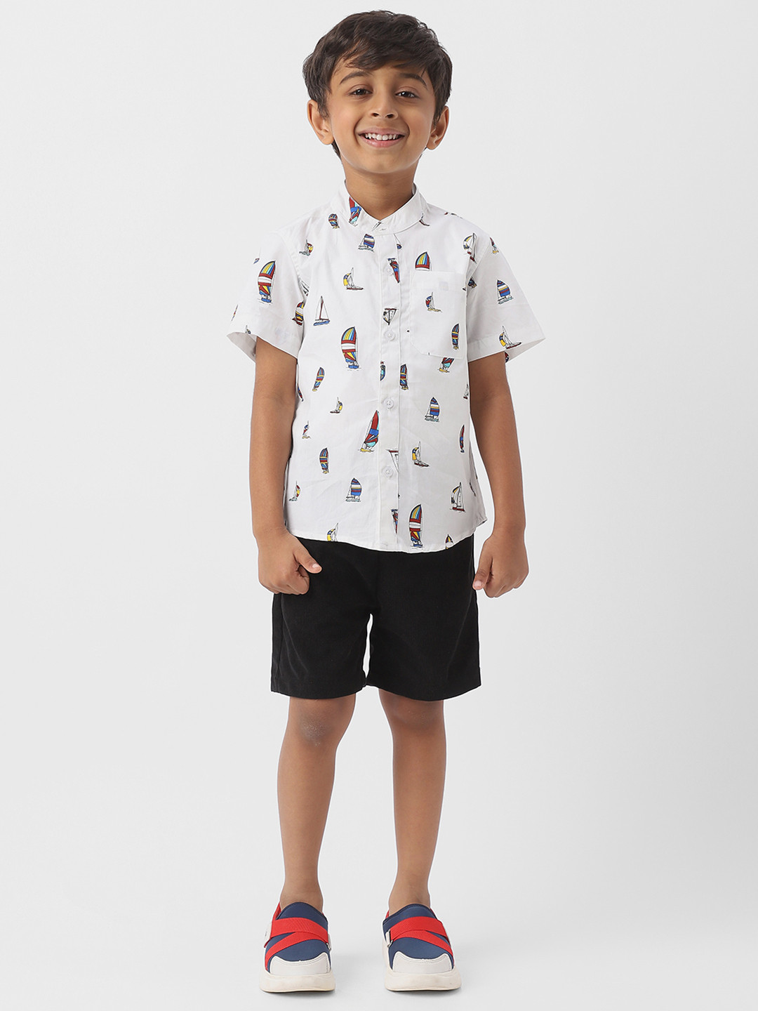 

Nautinati Boys' Sailor Print Half Sleeve Shirt with Black Corduroy Shorts, White