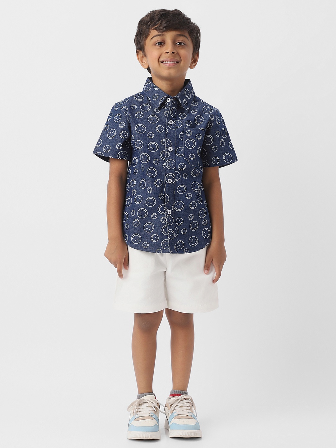 

Nautinati Boys' Smiley Print Denim Full Sleeve Shirt with White Cotton Shorts, Blue