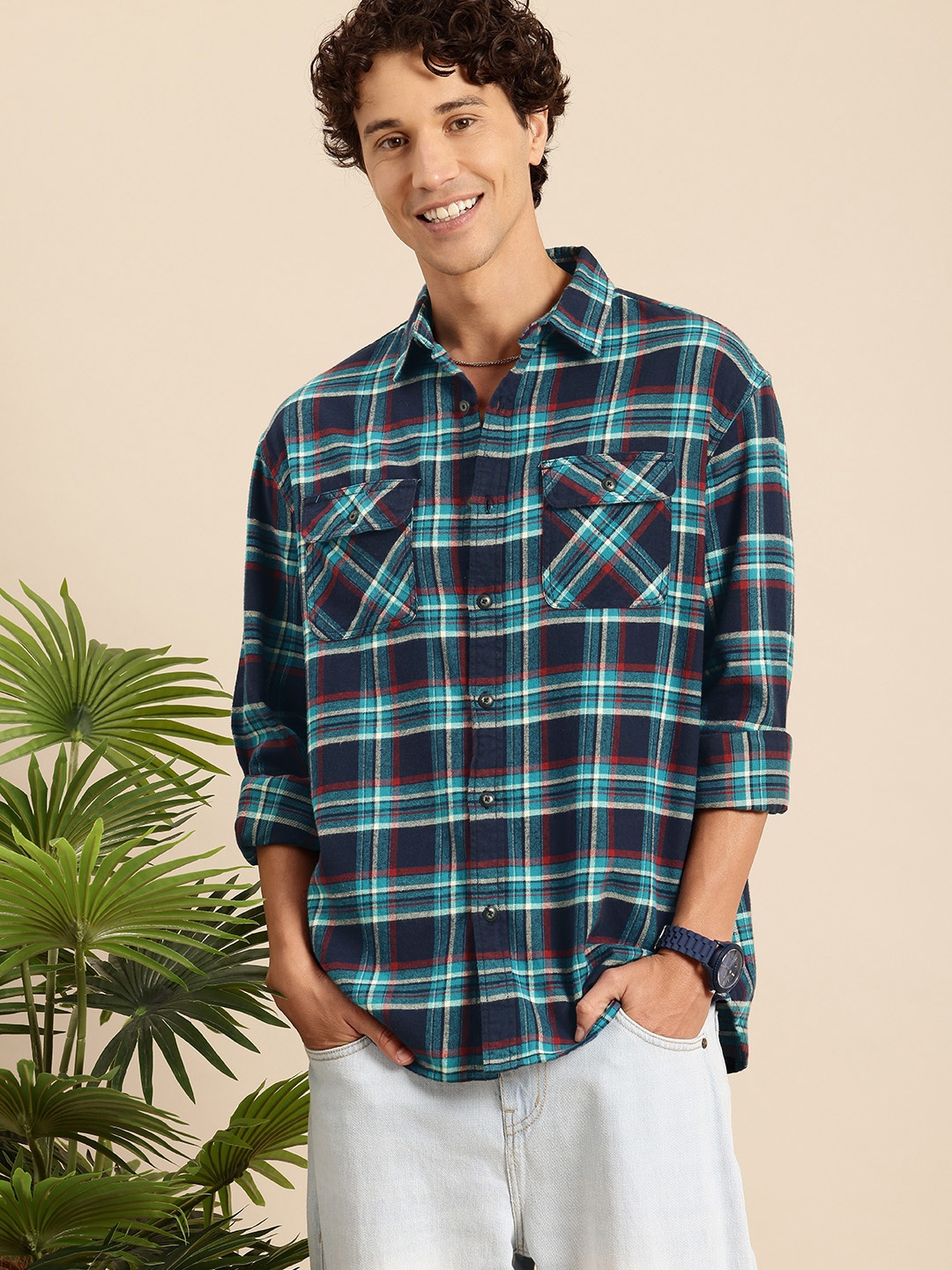 

Mast & Harbour Men Relaxed Checked Casual Shackets, Navy blue
