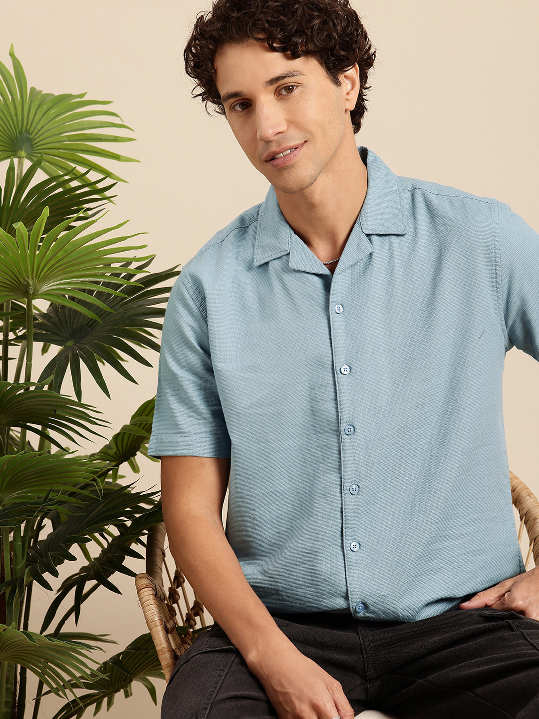 

Mast & Harbour Men Relaxed Cuban Collar Casual Shirt, Blue