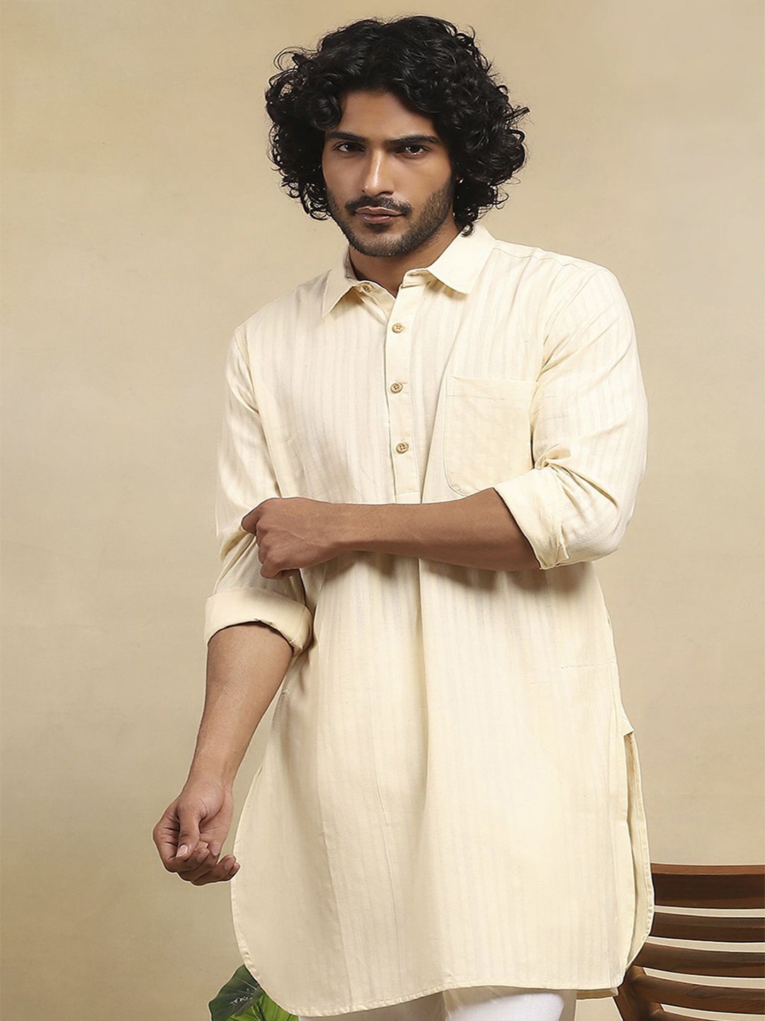 

House of Chikankari Men Thread Work Pathani Kurta, Cream