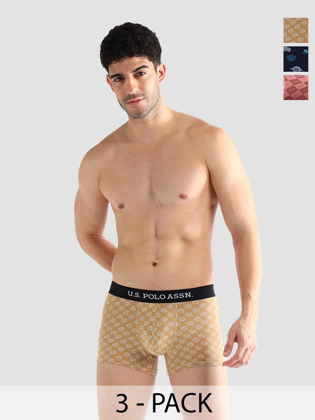 

U.S. Polo Assn. Pack Of 3 Printed Mid-Rise Short TrunksOET14-NFP-P3, Coffee brown