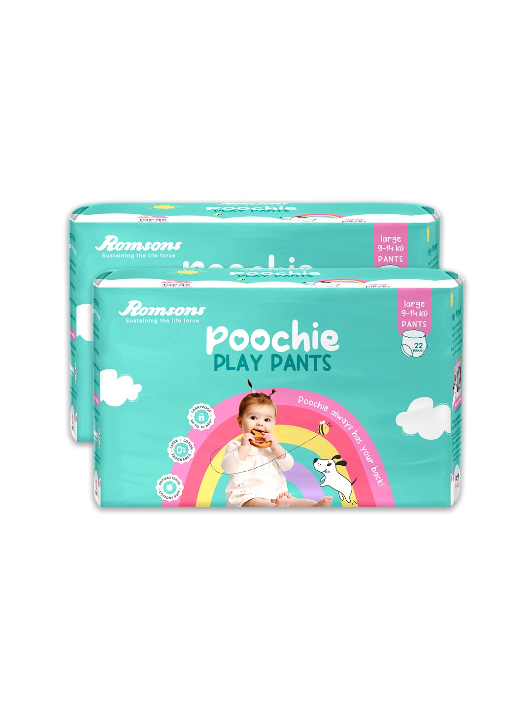 

Romsons Set Of 2 Poochie Play Pants Baby Diaper - Large - 22 Pcs Each, Multi