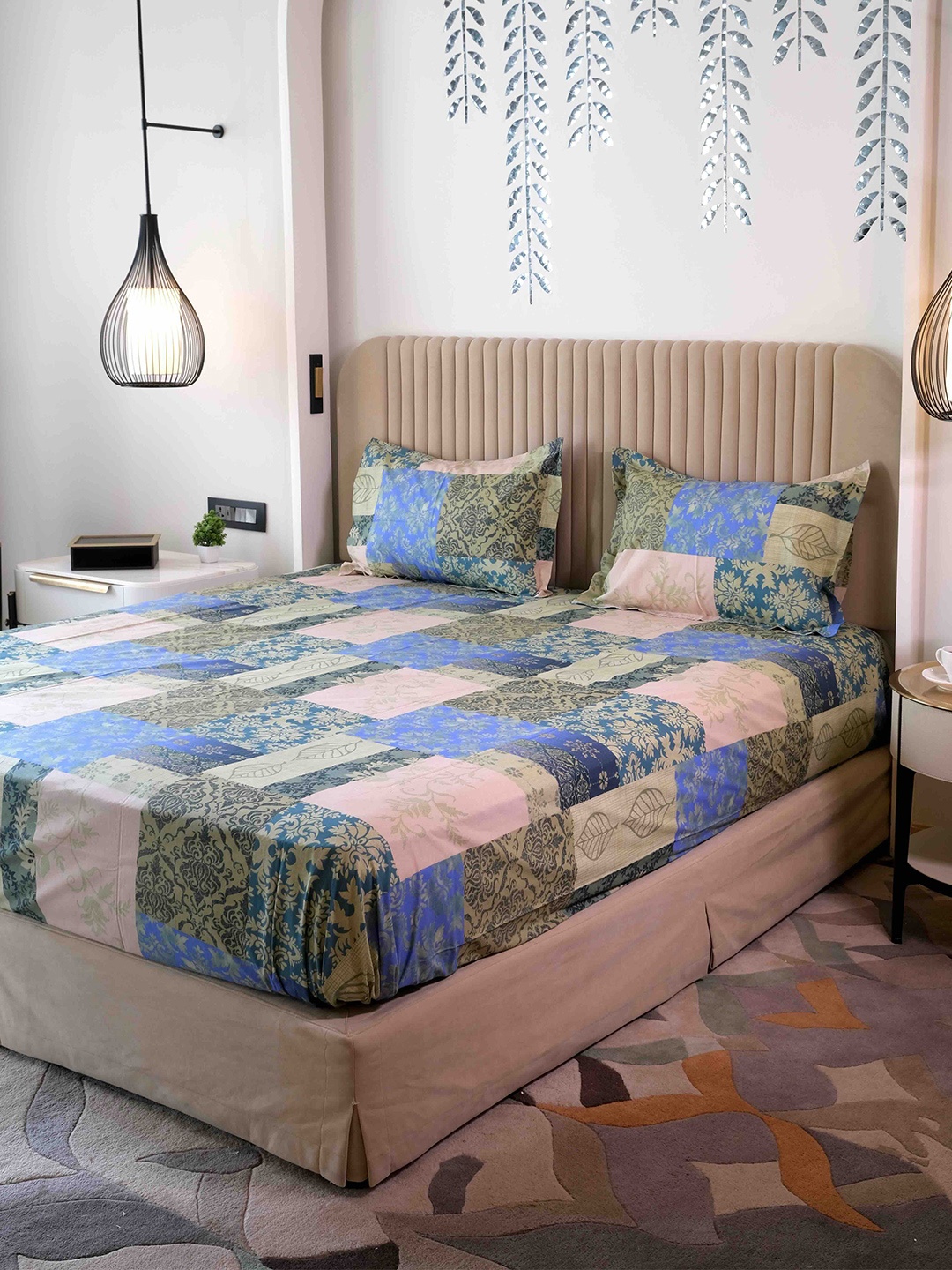 

Pure Decor Blue & Pink Floral 400 TC King Bedsheet with 2 Pillow Covers