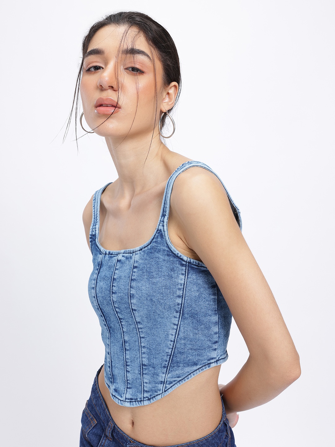 

glitchez Smocked & Snatched Denim Corset Style Crop Top, Blue