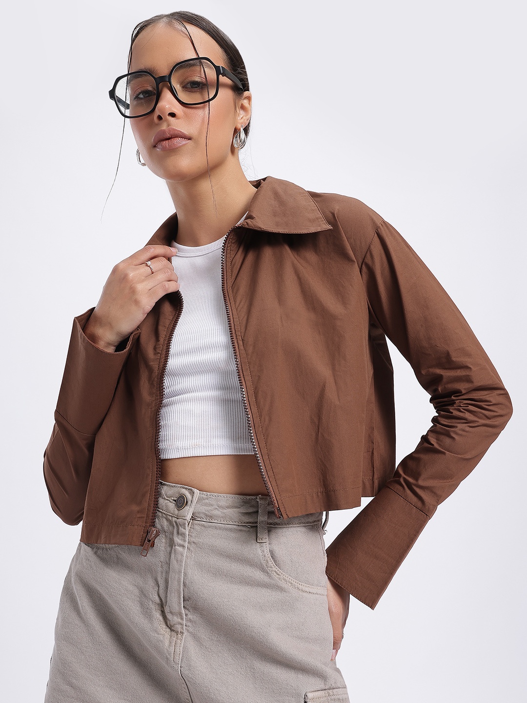 

glitchez Modern Chic Pure Cotton Regular Fit Crop Zip-Up Shirt, Brown