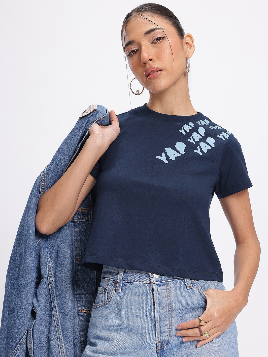 

glitchez Bold Lettering Regular Fit Crop T-shirt, Blue