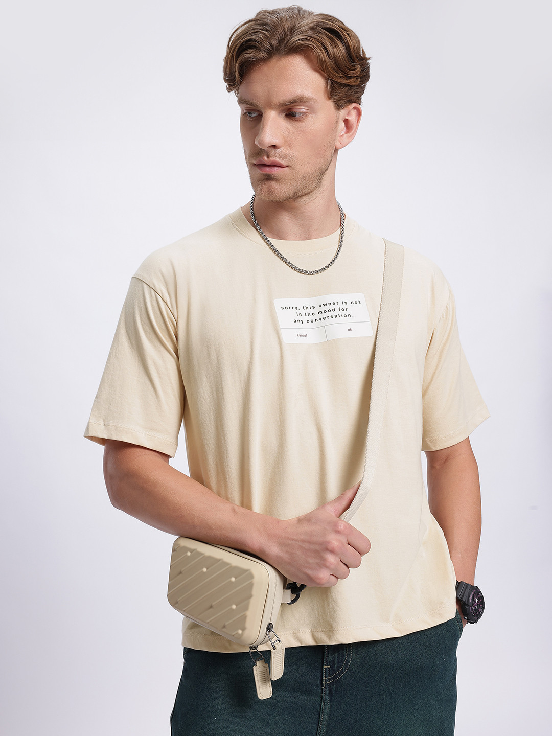 

glitchez Effortless Cool Printed Oversized Fit T-Shirt, Beige