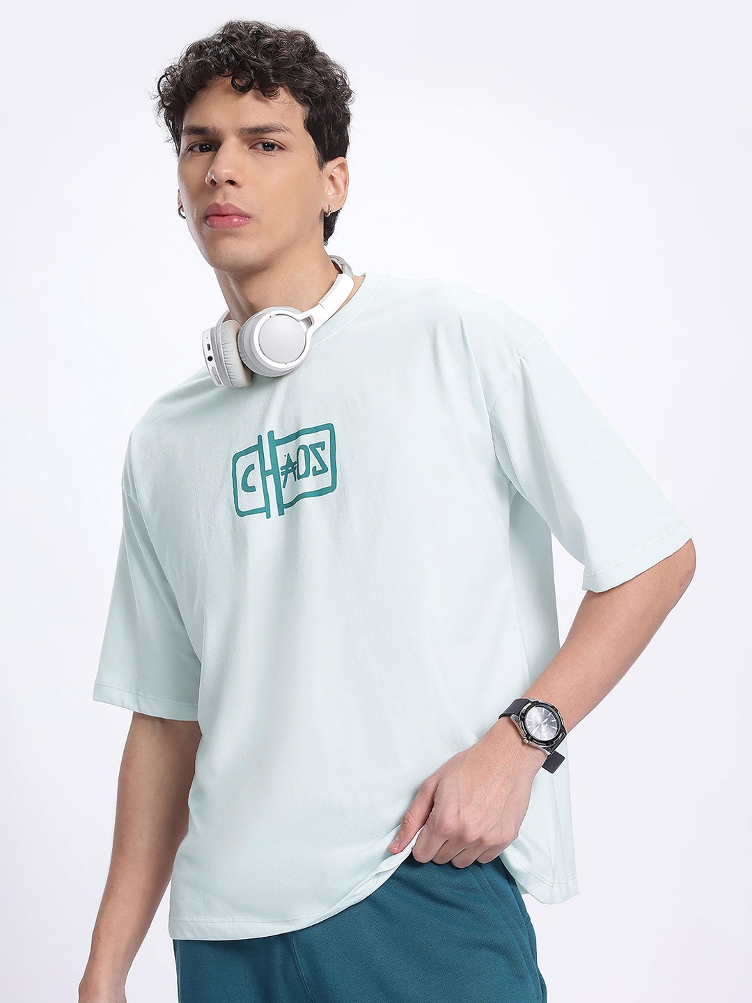 

glitchez Chaotic Casuals Printed Oversize T-shirt, Blue