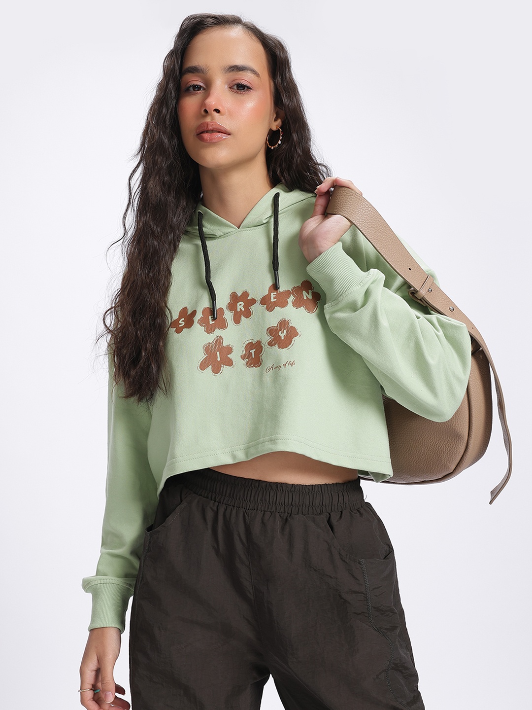 

glitchez Floral Frenzy Printed Boxy Cropped Hooded Sweatshirt, Green