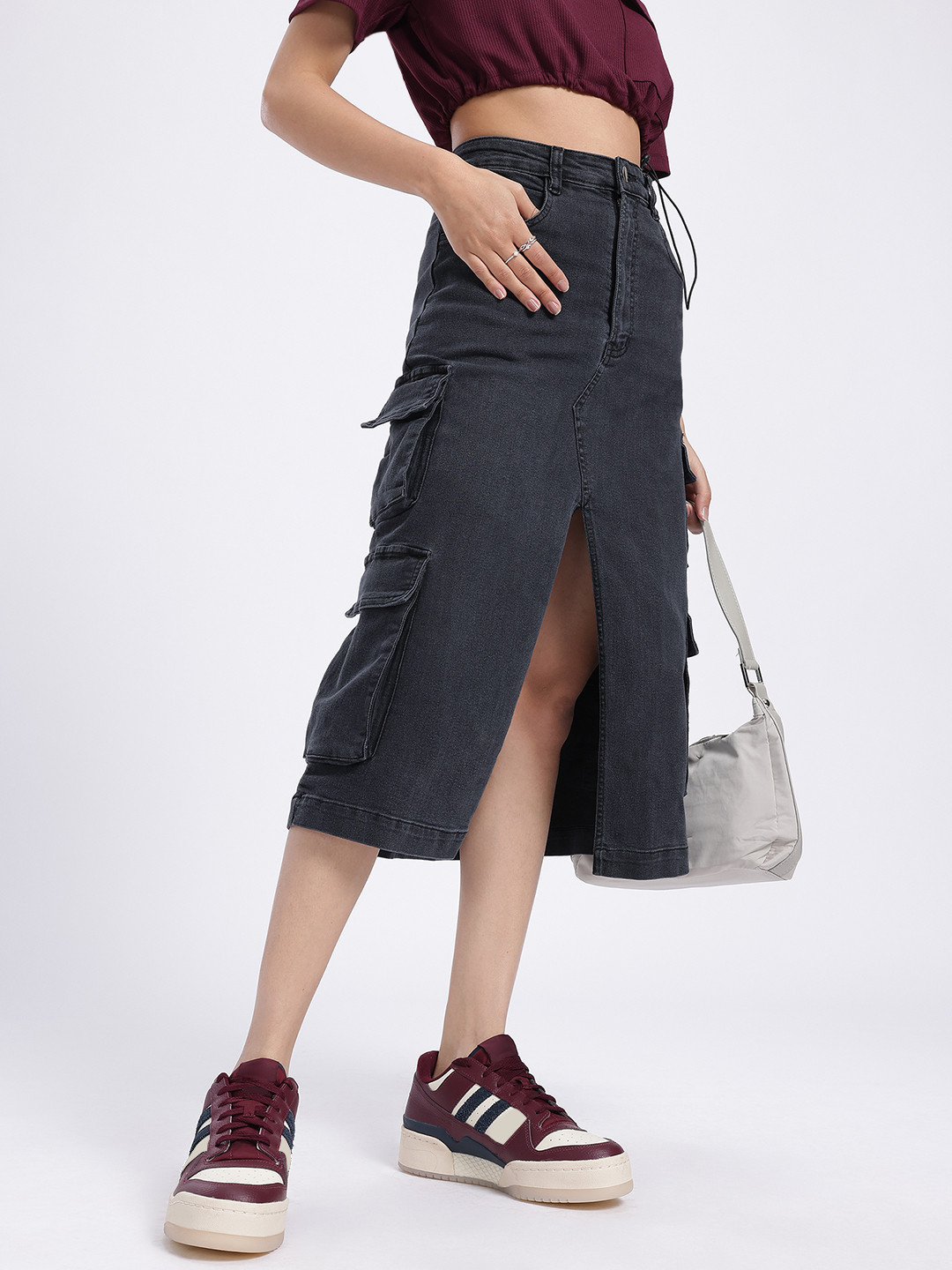 

glitchez Edgy Ease Front Slit Cargo Denim Midi Skirt, Charcoal