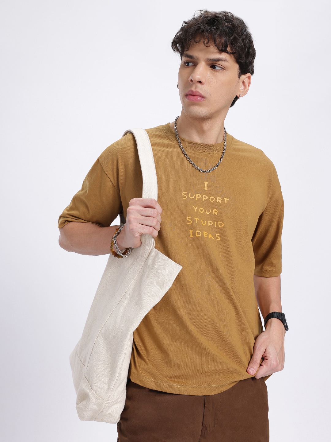 

glitchez Witty Wear Printed Oversized Fit T-shirt, Brown