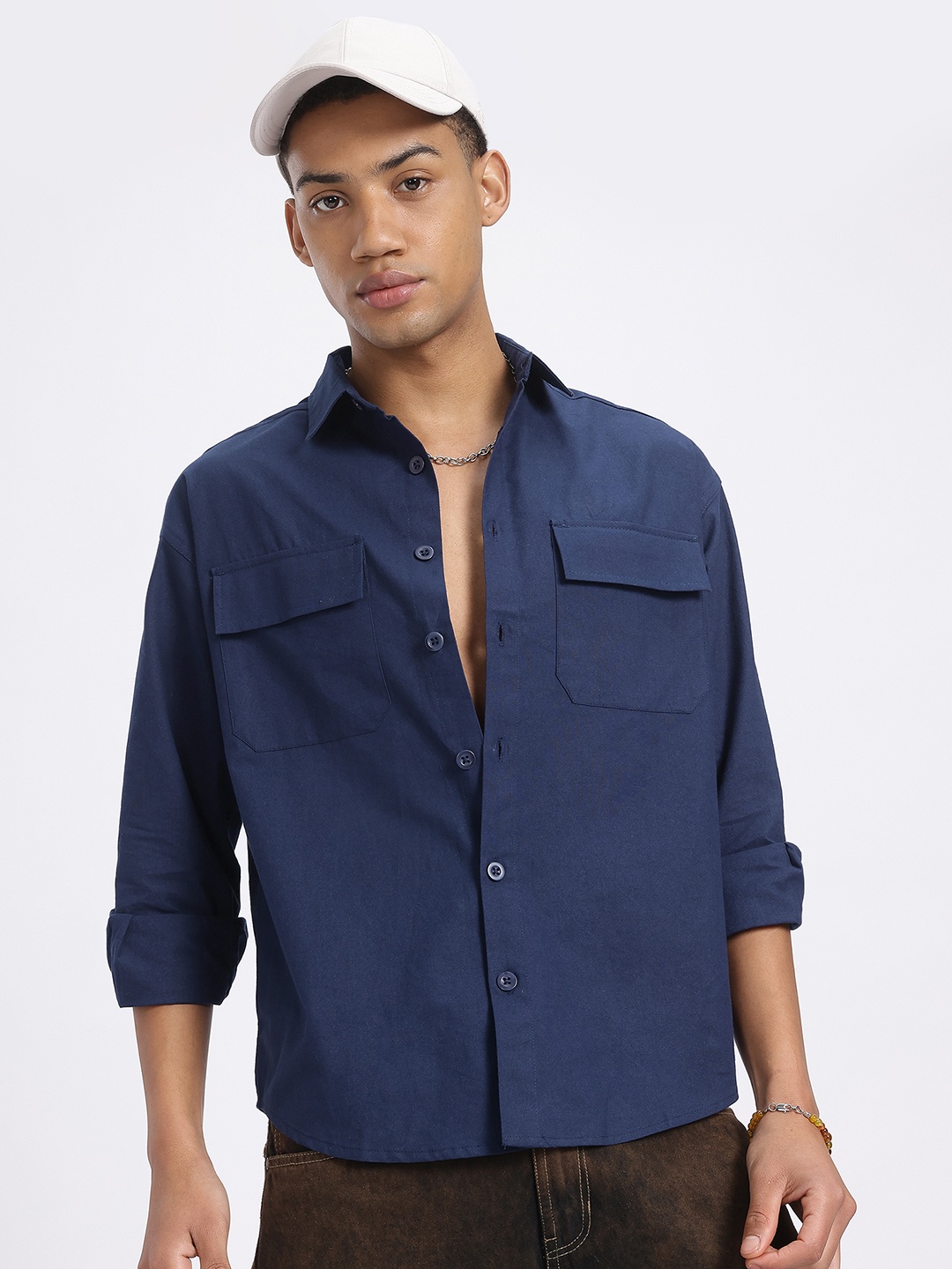 

glitchez Flap Pocketed Loose Fit Shirt, Navy blue