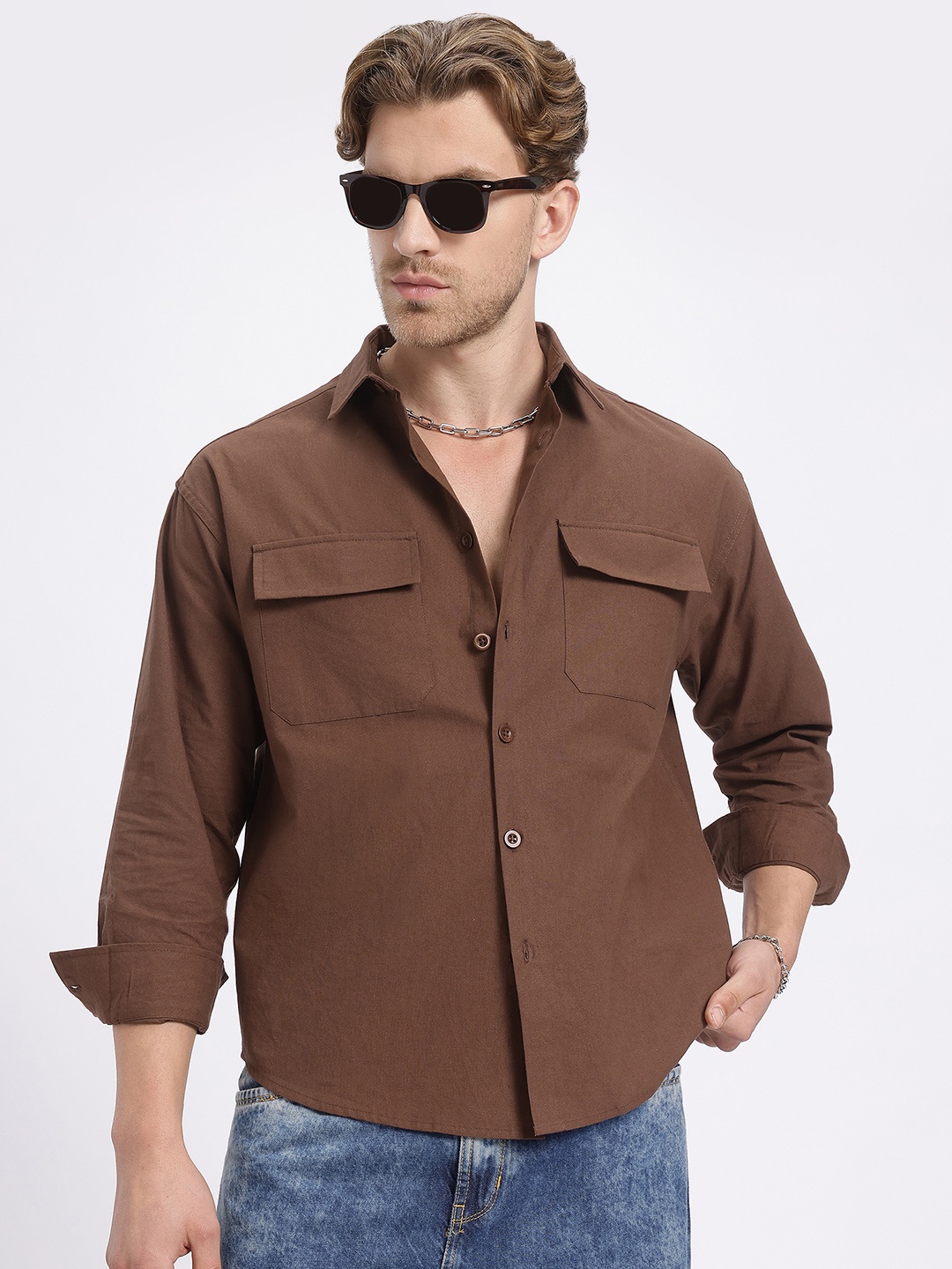 

glitchez Flap Pocketed Loose Fit Shirt, Brown
