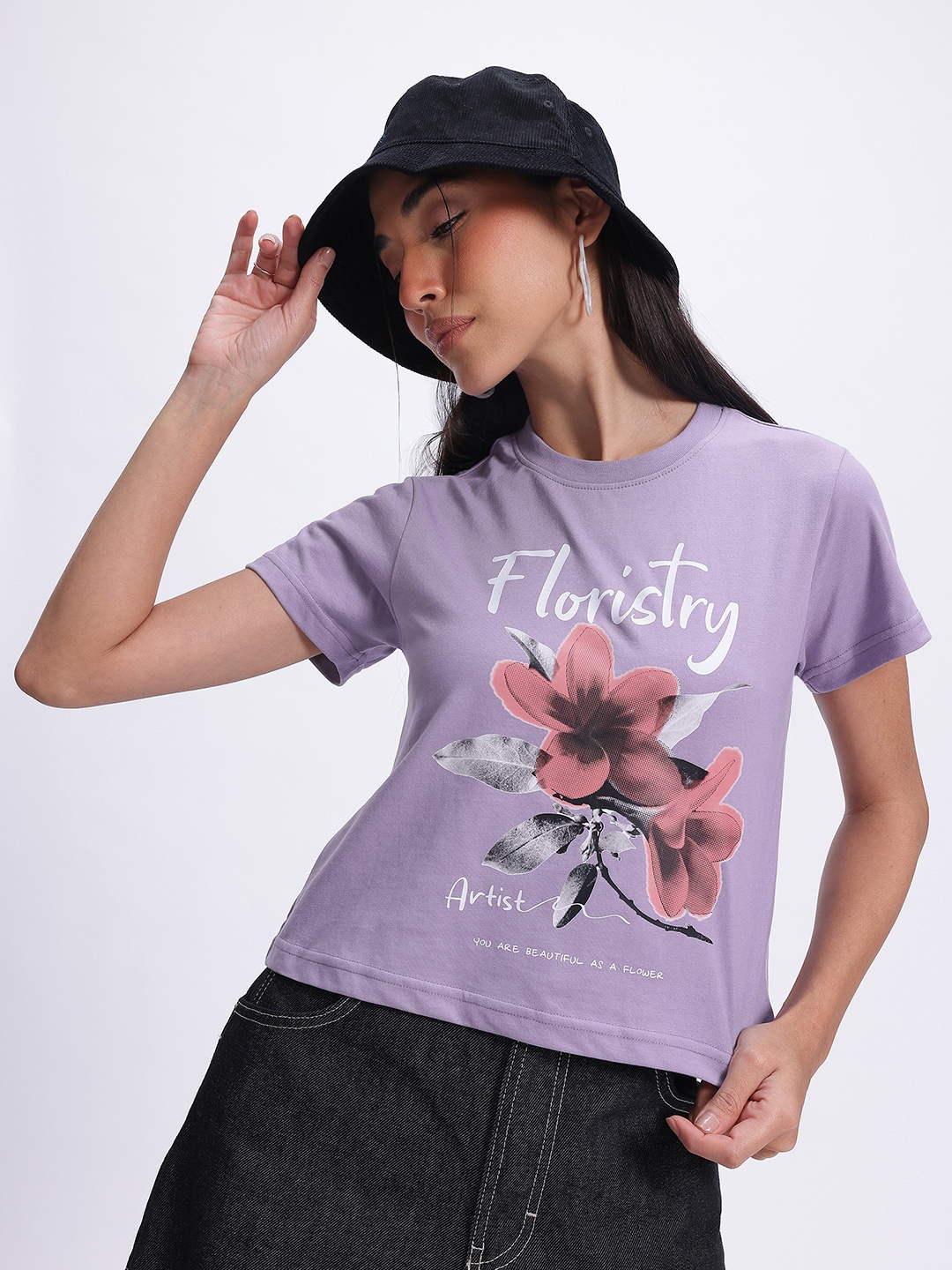 

glitchez Dreamy Florals Printed Regular Fit Crop T-shirt, Lavender