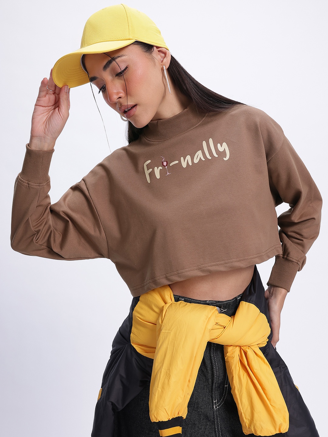 

glitchez Typography Tale Printed Boxy Crop Sweatshirt, Brown