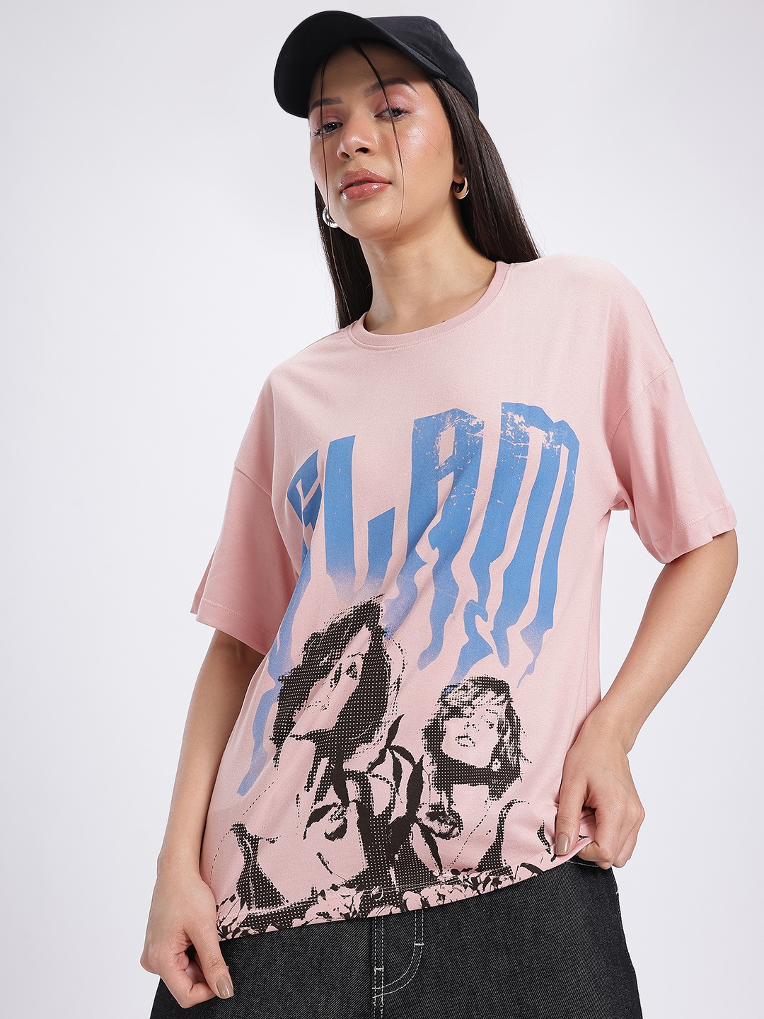 

glitchez Graphic Grunge Drop-Sleeves Oversize T-shirt, Pink