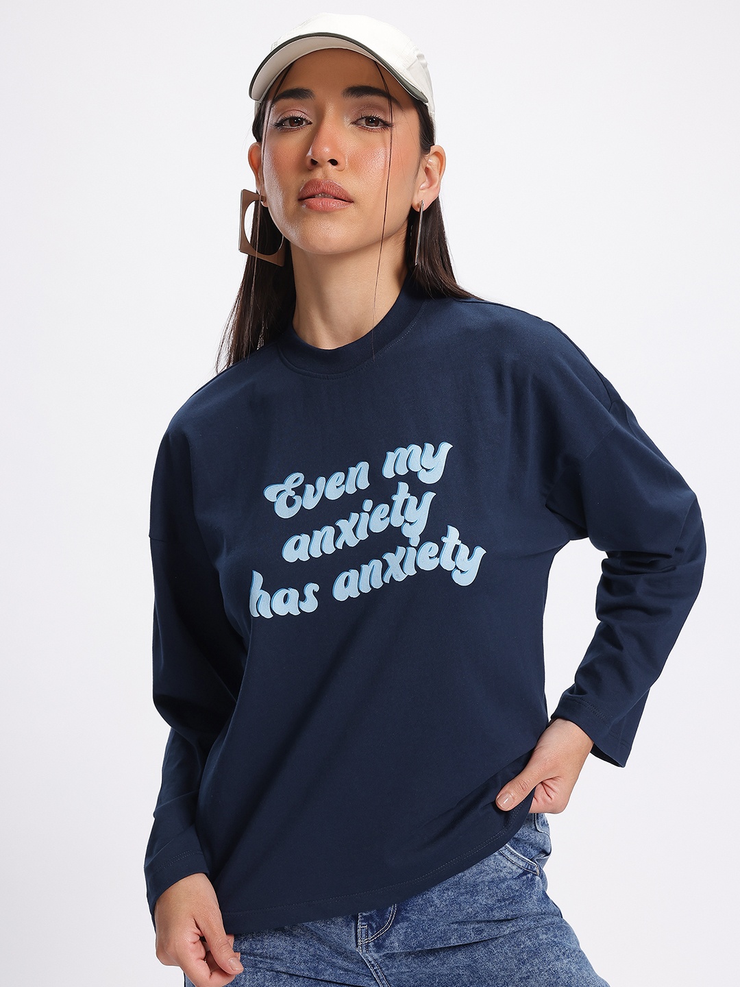 

glitchez Savage Statements Print Drop-Shoulder Sleeves Oversized T-shirt, Blue