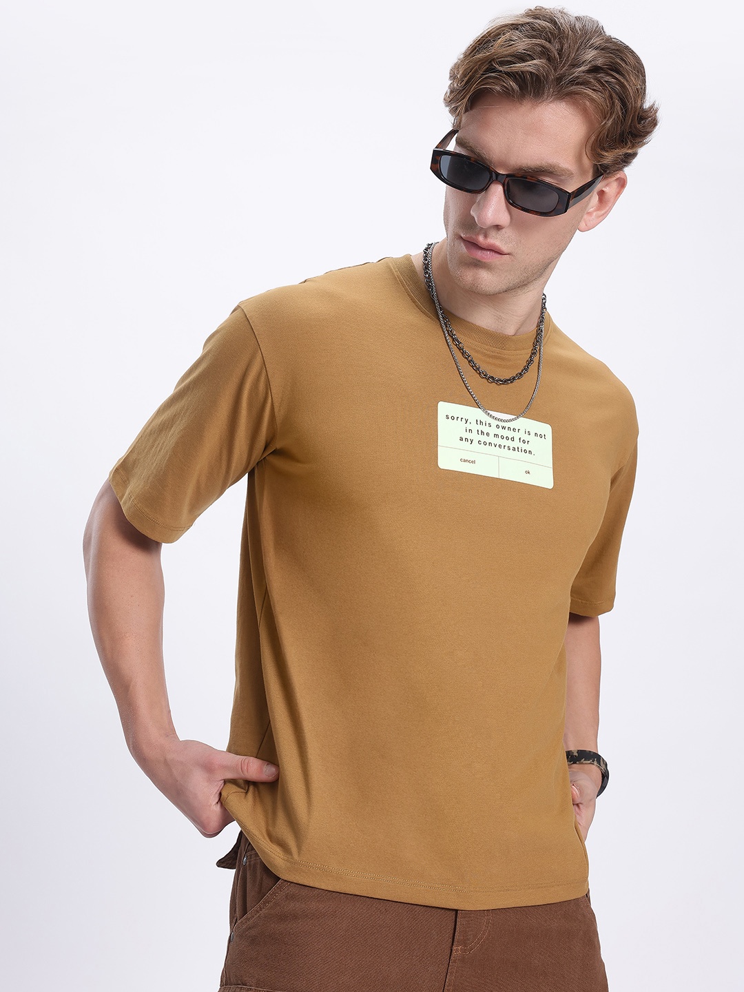 

glitchez Vibe Check Printed Relaxed Fit T-shirt, Brown
