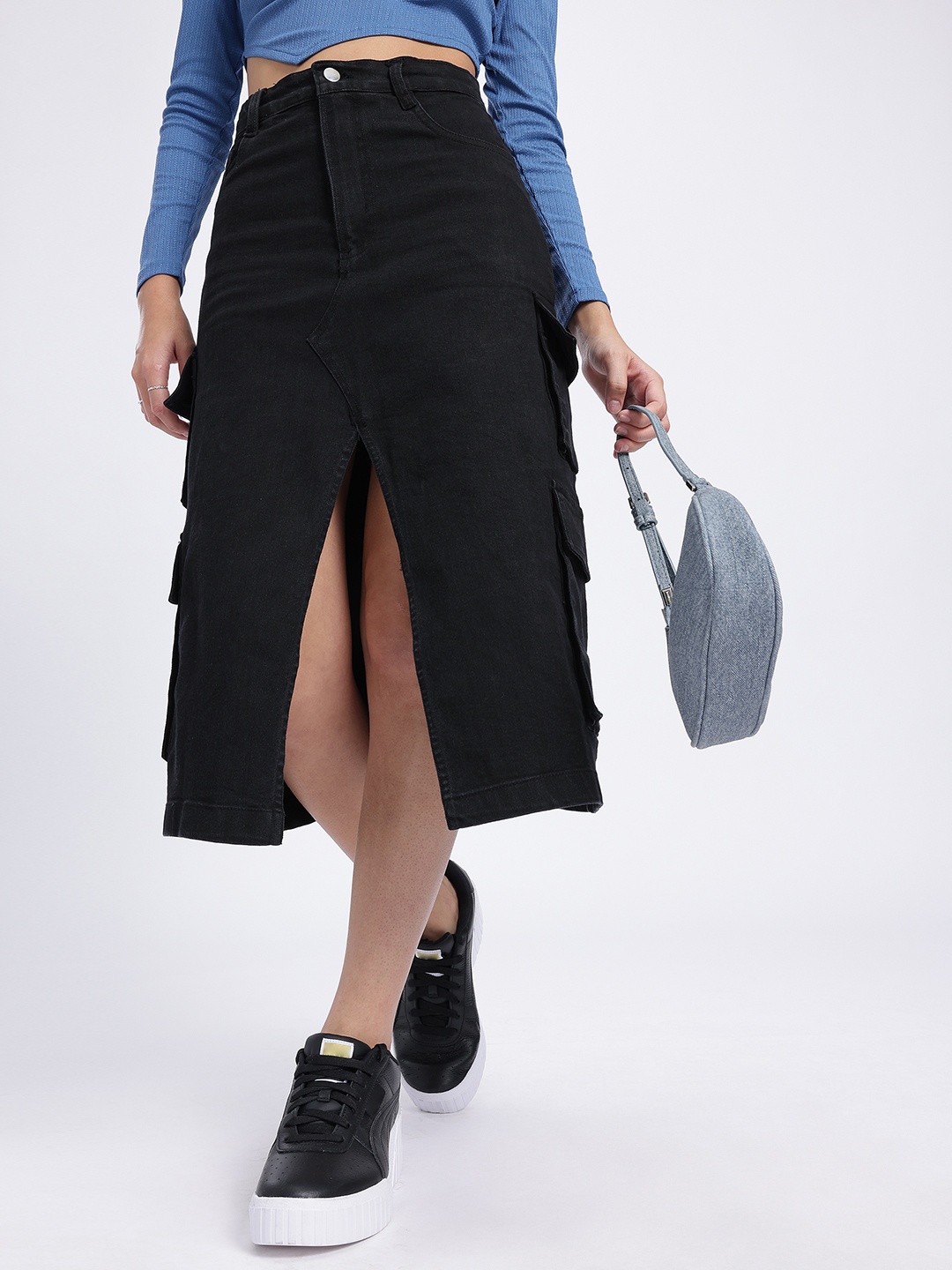 

glitchez Street Sleek Front-Slit Cargo Denim Midi Skirt, Black